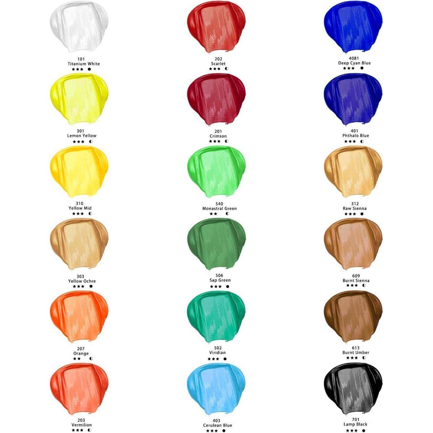 Eine Sammlung von 16 Farbmustern in verschiedenen Farben, darunter Weiß, Rot, Blau, Gelb, Grün und Braun. Jedes Farbmuster hat ein Etikett mit einem Farbname und einem Code.