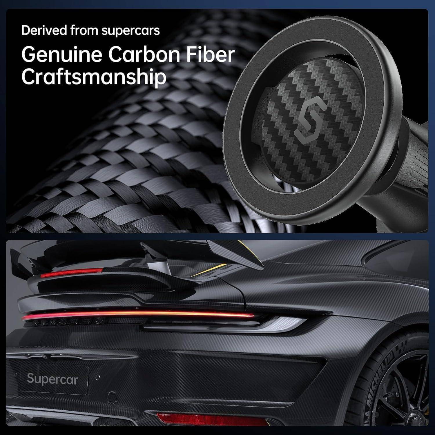 ‚Authentische Carbon-Faser-Handwerkskunst': Bilder zeigen Carbon-Faser-Textur und Komponenten eines Autos und betonen den Einsatz fortschrittlicher Materialien im Design.