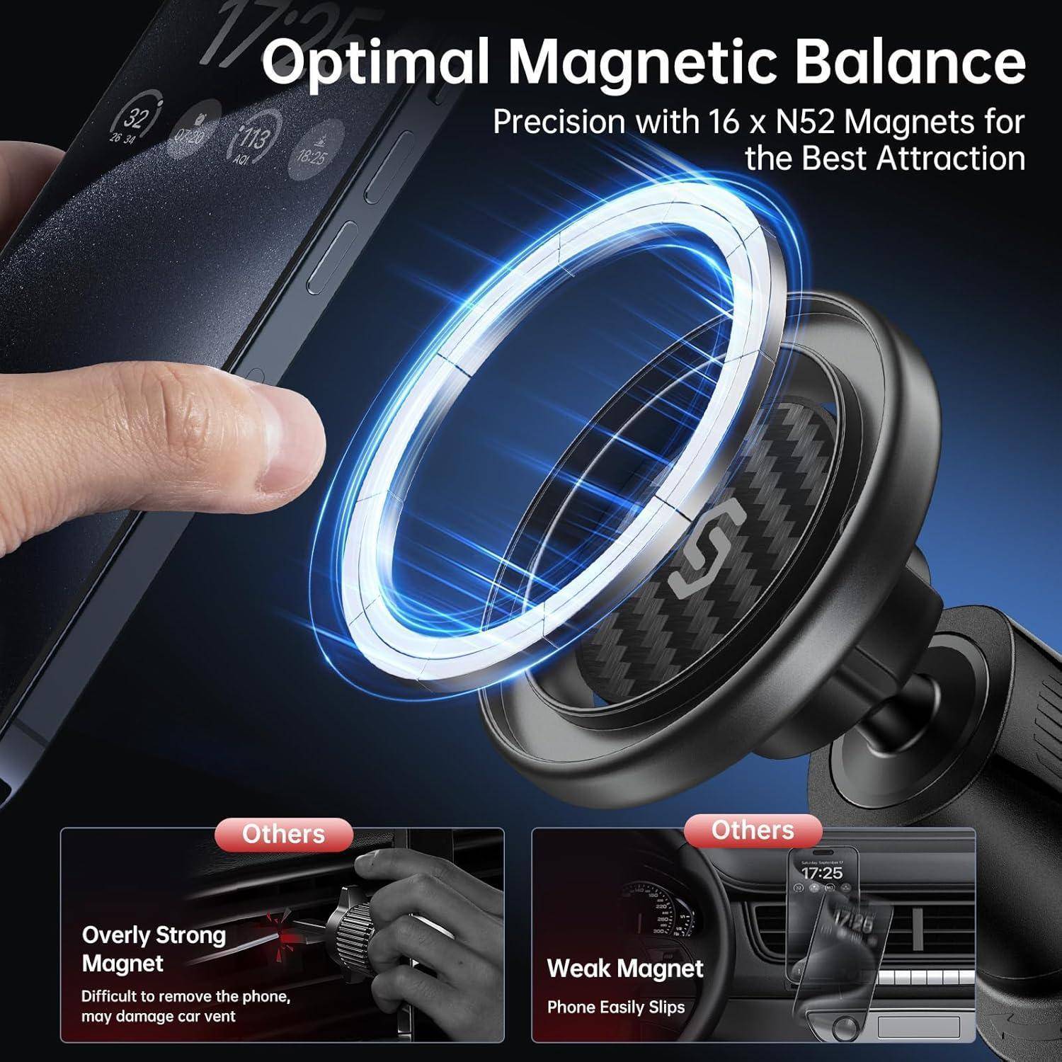 Optimale Magnetische Balance' Magnethalter mit leuchtenden Magneten im Vergleich zu anderen. Starker Halt, verhindert Herunterfallen oder Beschädigung des Telefons.