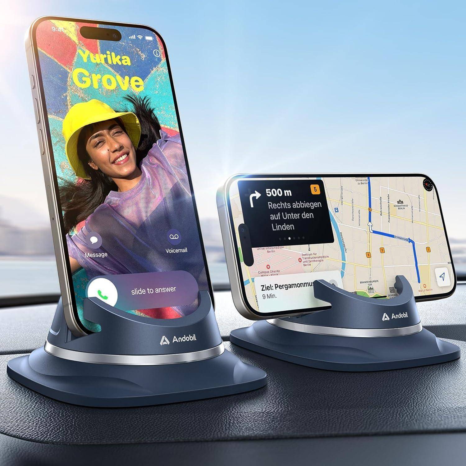 Zwei Smartphones auf einem Armaturenbrett-Halter: Eines zeigt einen Videoanruf mit einer Frau, das andere präsentiert GPS-Navigation mit Abbiegenavigation Schritt für Schritt.