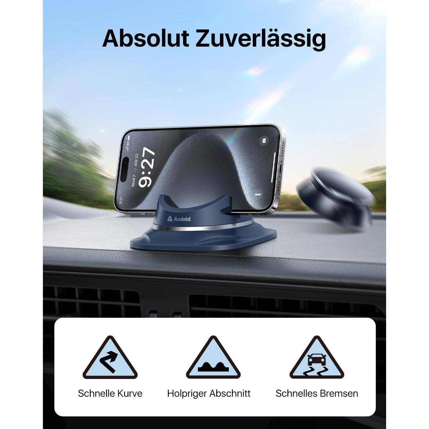 Ein Smartphone-Halter, der auf dem Armaturenbrett eines Autos befestigt ist, mit dem Text 'Absolut Zuverlässig'. Darunter befinden sich Symbole für 'Schnelle Kurve', 'Holpriger Abschnitt', 'Schnelles Bremsen'.