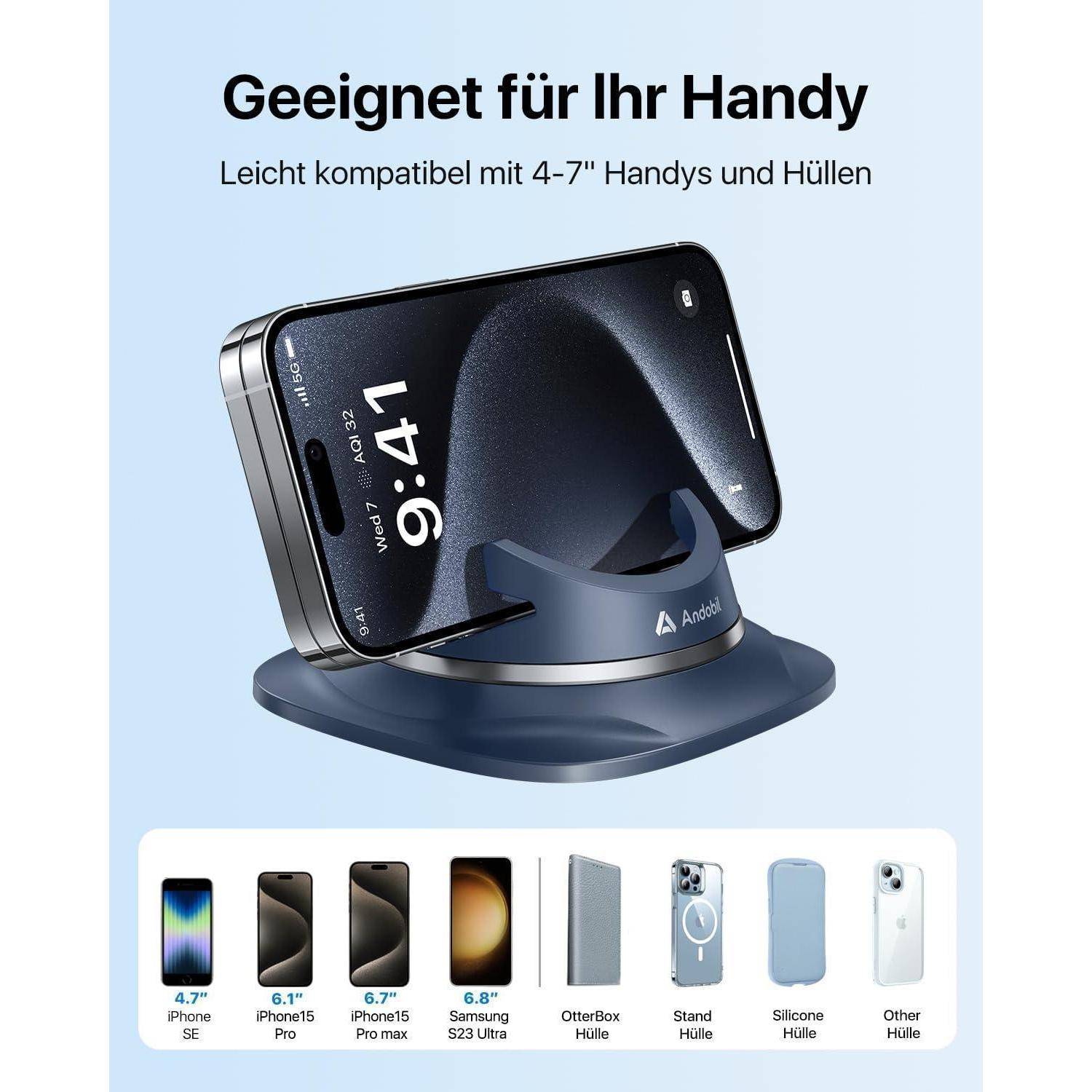 Ein Telefon auf einem Ladegerät zeigt die Zeit als 9:41 Uhr an. Darunter befinden sich Symbole, die kompatible Telefone und Hüllen einschließlich iPhone- und Samsung-Modelle darstellen.