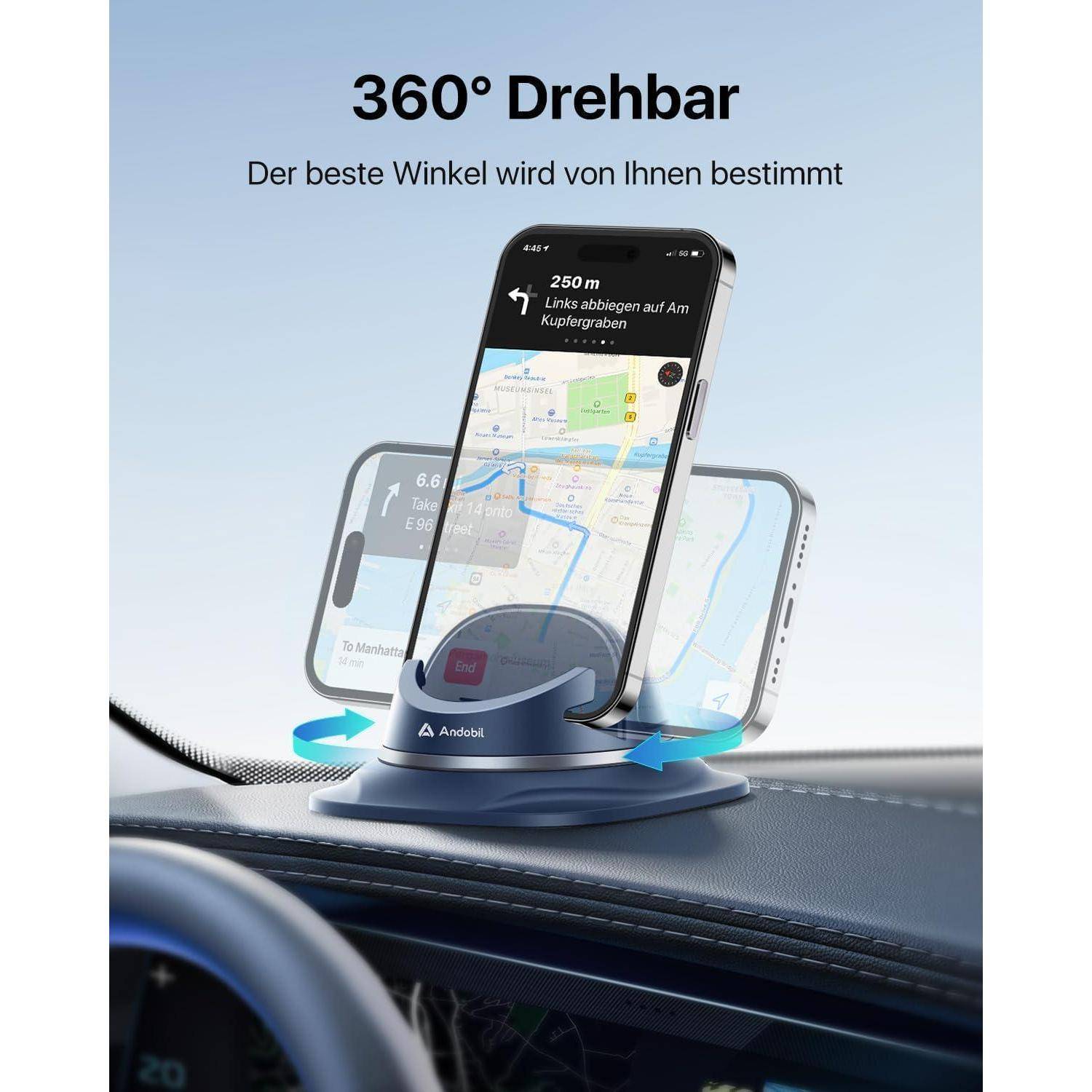 Ein Smartphone-Halter, der ein Smartphone mit einer Navigations-App auf einem Armaturenbrett hält. Der Text lautet: 360° Drehbar - Der beste Winkel wird von Ihnen bestimmt.