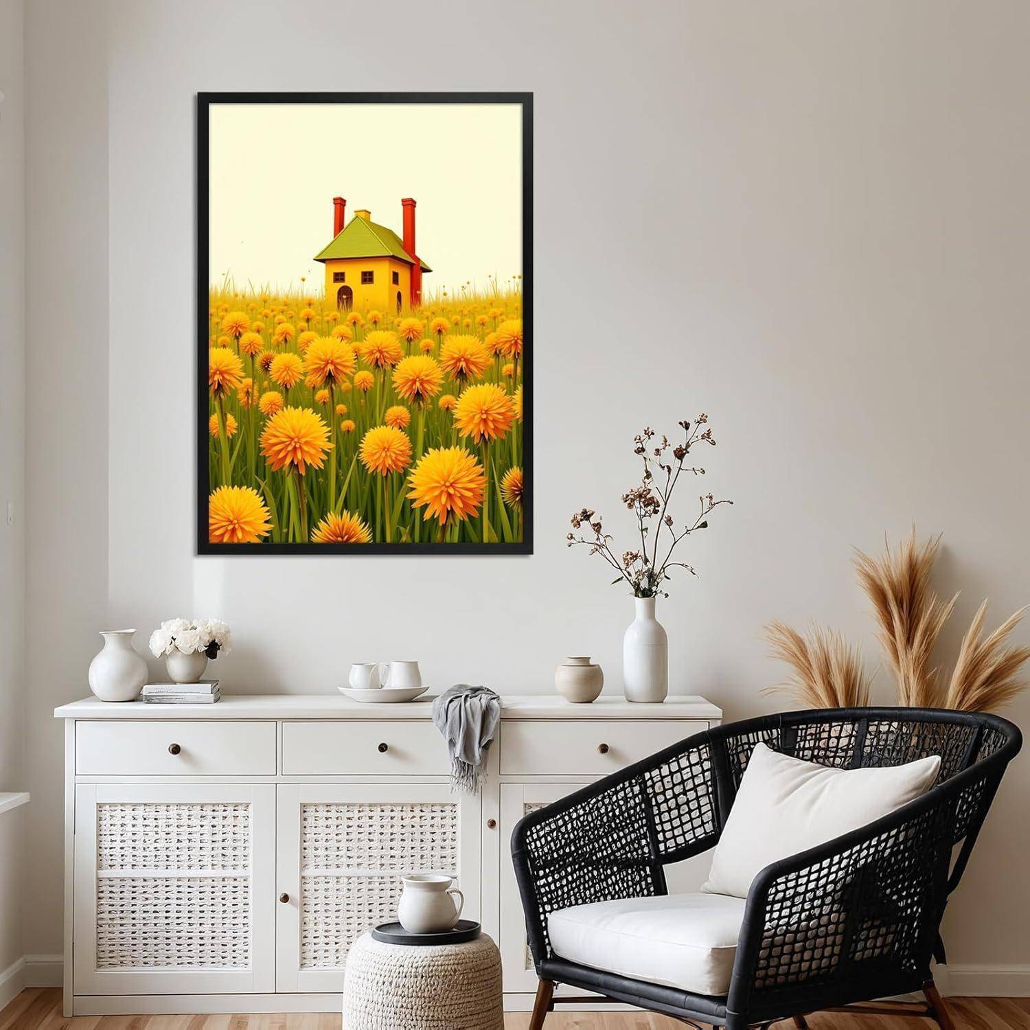 Ein helles, farbenfrohes Gemälde von einem kleinen gelben Haus mit roten Schornsteinen inmitten eines Feldes mit lebendigen gelben Blumen, das an der Wand über einer weißen Kommode hängt.