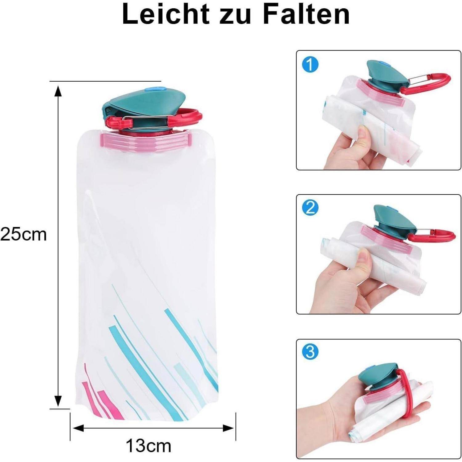 Eine zusammenklappbare Wasserflasche wird gezeigt. Die Abbildung demonstriert ihre Abmessungen (25 cm hoch, 13 cm breit) und die Faltschritte in drei Bildern für eine einfache Lagerung.
