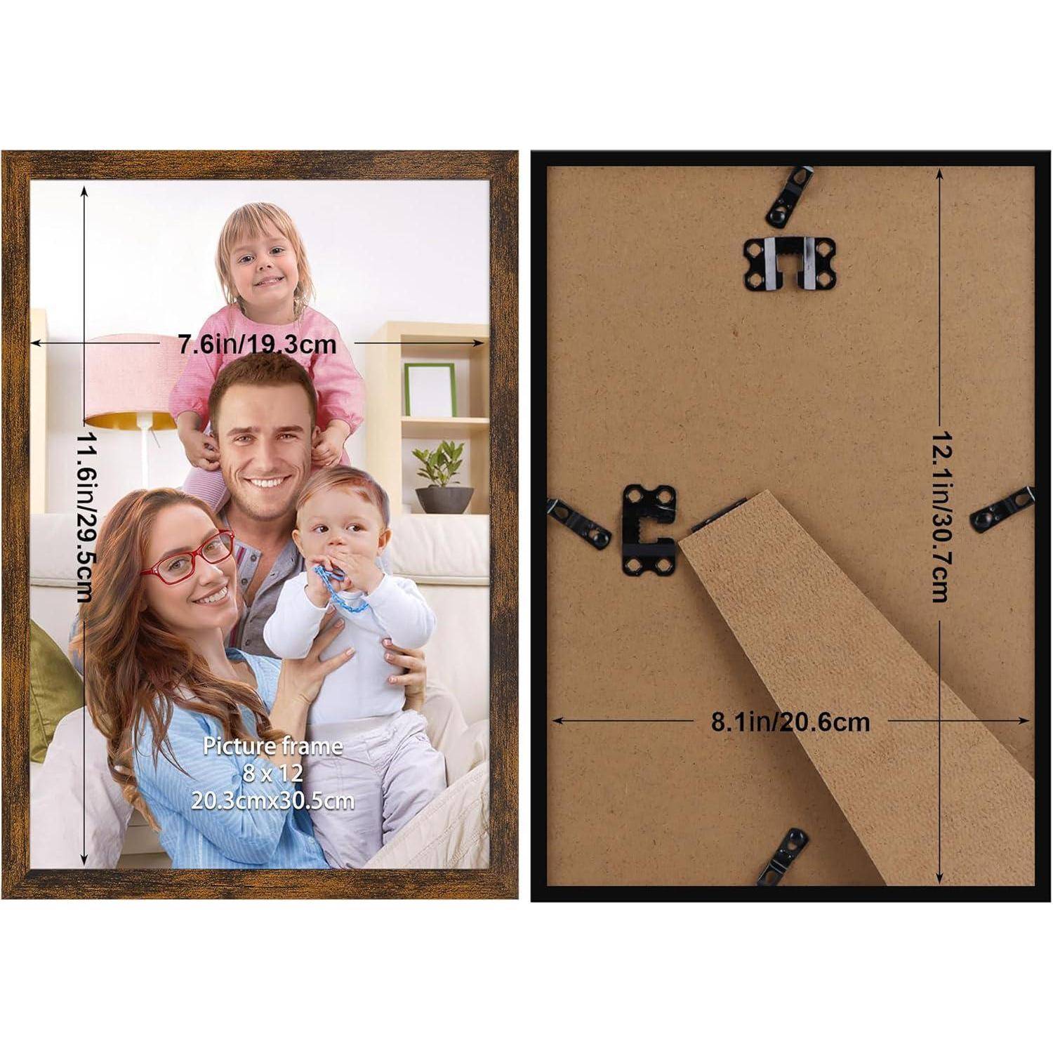 Vierköpfige Familie lächelt und posiert in einem vertikalen Holzbilderrahmen mit den Maßen 8x12 Zoll. Rahmenmessungen rechts dargestellt.