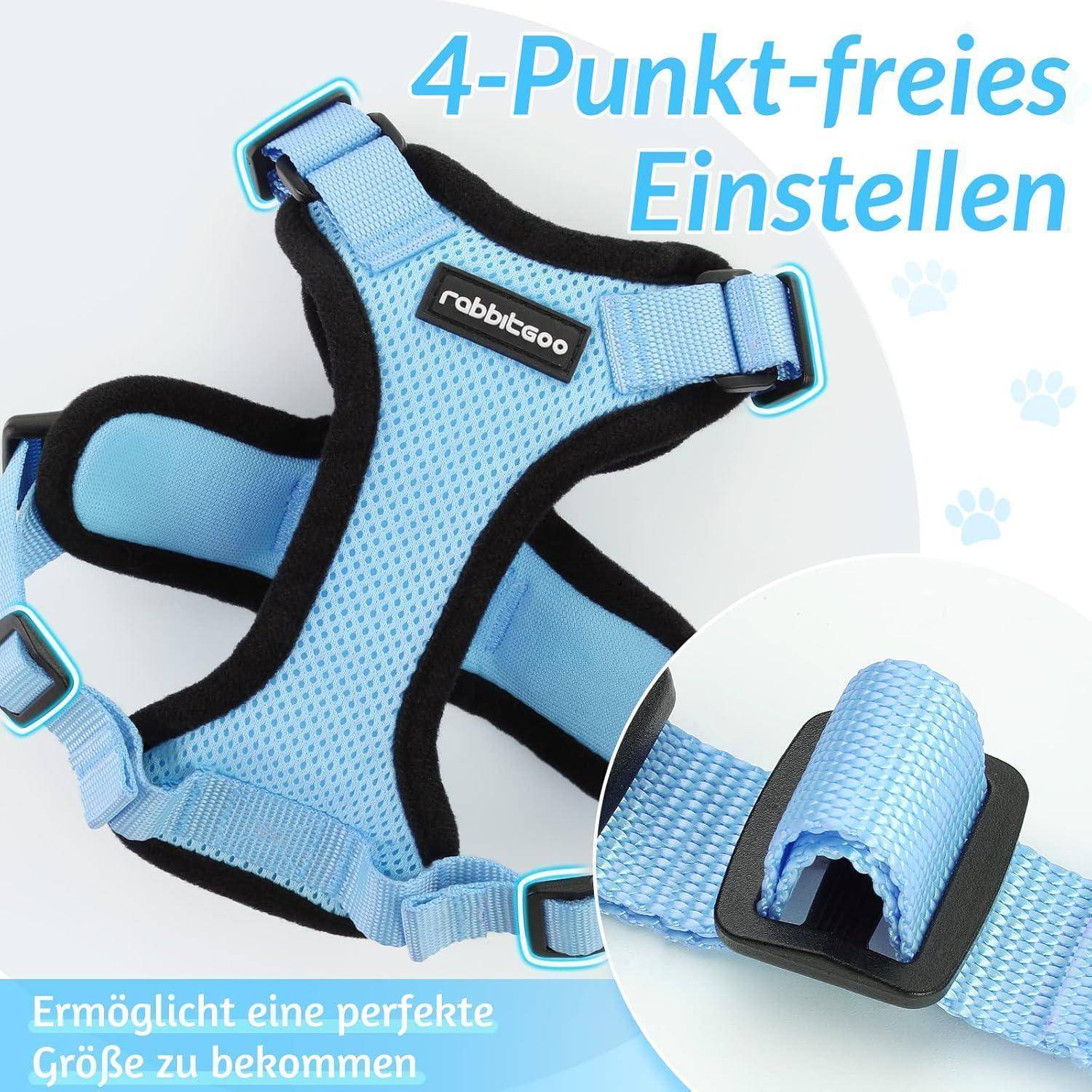 Rabbitgoo' verstellbares blaues Haustier-Geschirr mit einfacher Klickverschluss-Schnalle. Hervorgehoben werden die Vier-Punkt-Verstellbarkeit und der perfekte Sitz.