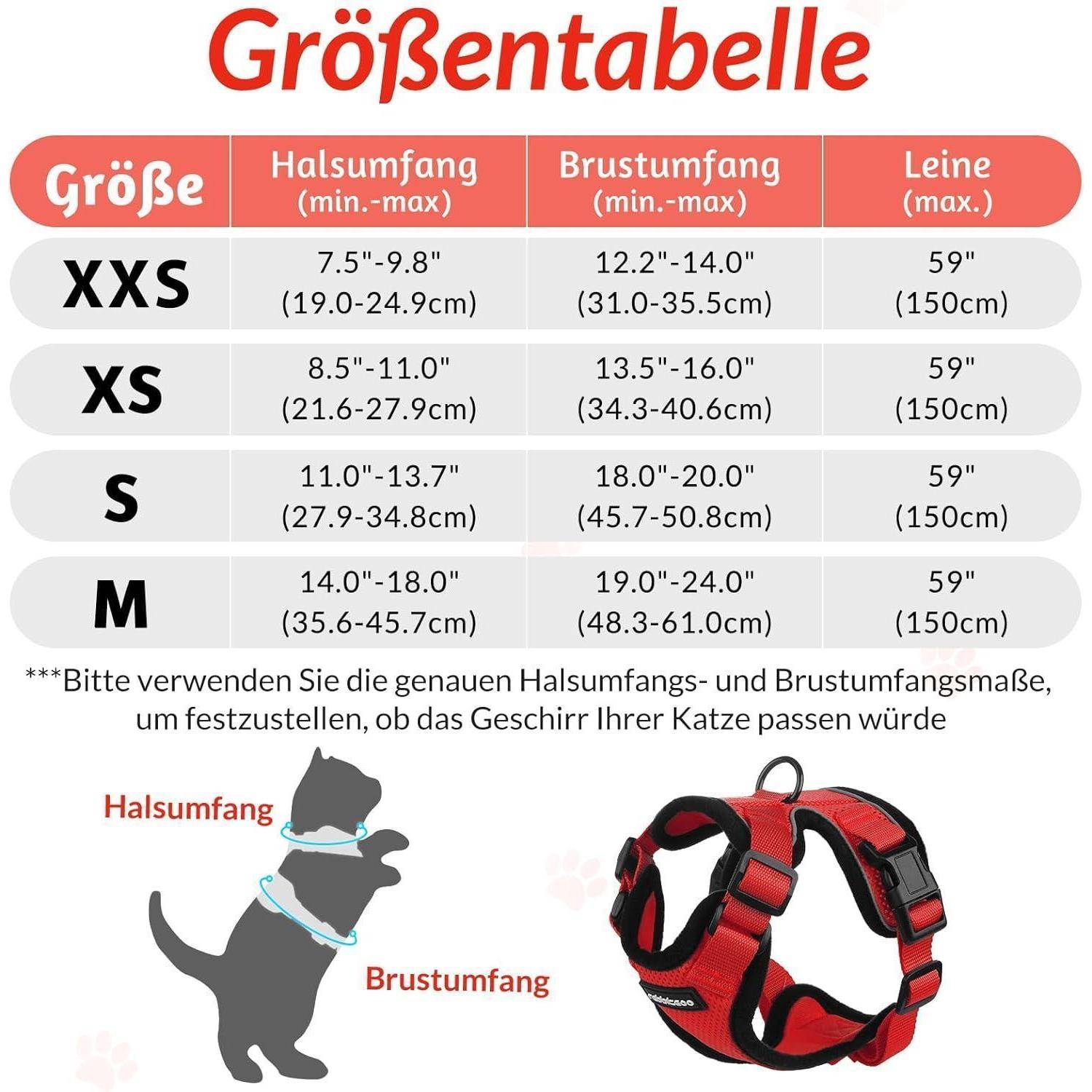 Größentabelle für Katzen von XXS bis M. Enthält Messungen für Halsumfang, Brustumfang und Leinenlänge. Illustrationen zeigen die Messbereiche an einer Katze.