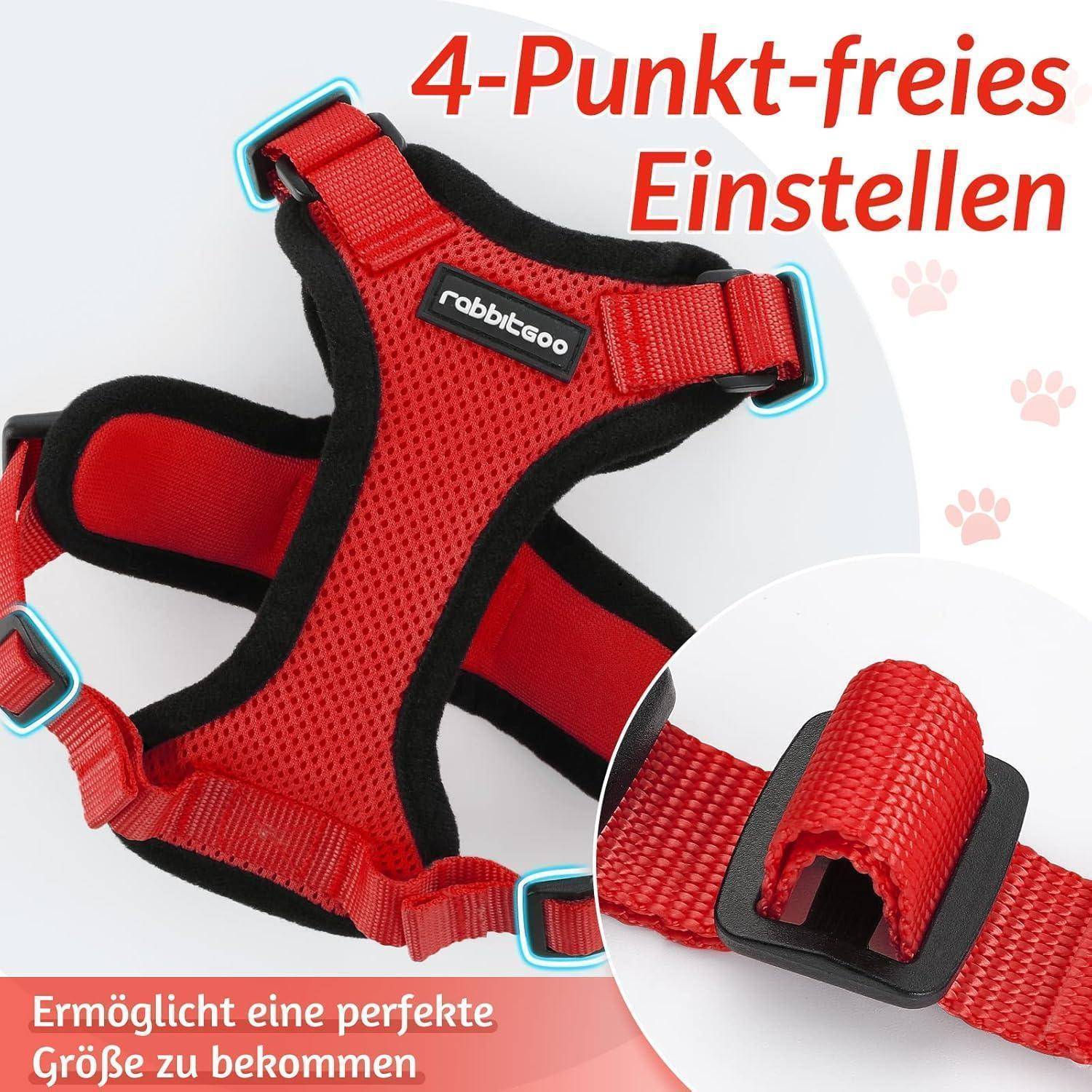 Rote und schwarze verstellbare Hundegeschirr mit '4-Punkt-freies Einstellen' Text, der eine Anti-Zug-Funktion und anpassbare Passform hervorhebt.