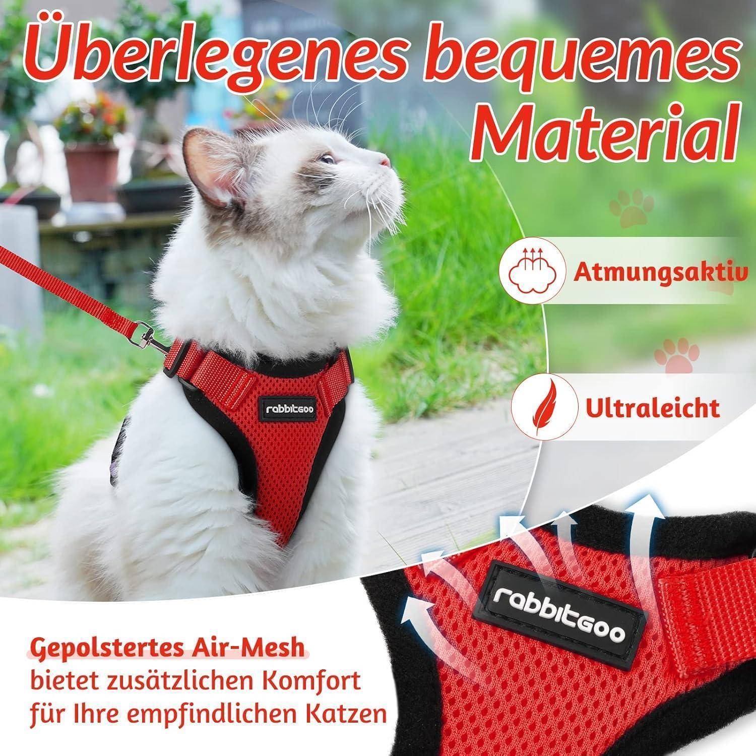 Eine weiße Katze trägt ein rot-schwarzes Geschirr, wobei Text-Hervorhebungen die Merkmale zeigen: „Atmungsaktiv