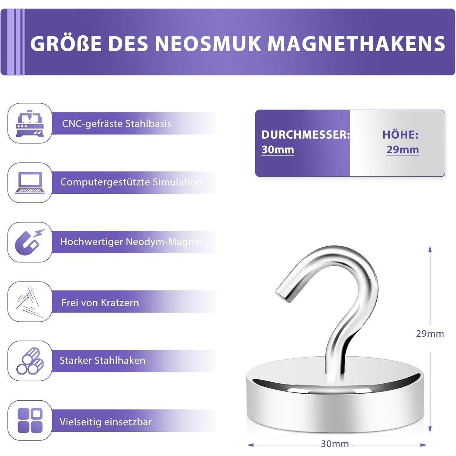 Magnethaken 40kg Neodym Spind Organizer 40kg Magnethaken Silber