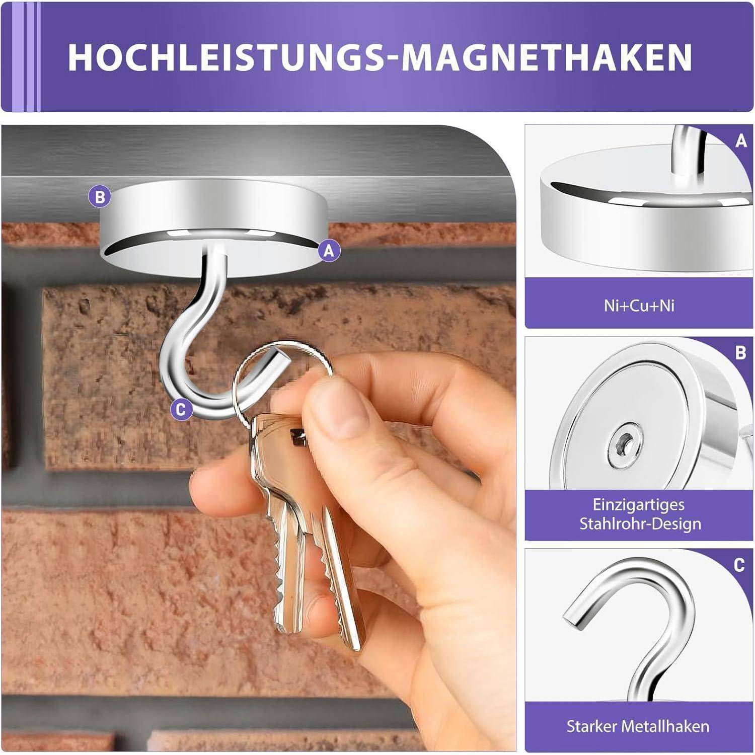 Eine Hand hält einen Schlüsselring mit Schlüsseln und hängt diese an einen hochleistungsfähigen Magnethaken, der an einer Ziegelwand befestigt ist. Eingesetzte Bilder zeigen die Merkmale des Hakens.