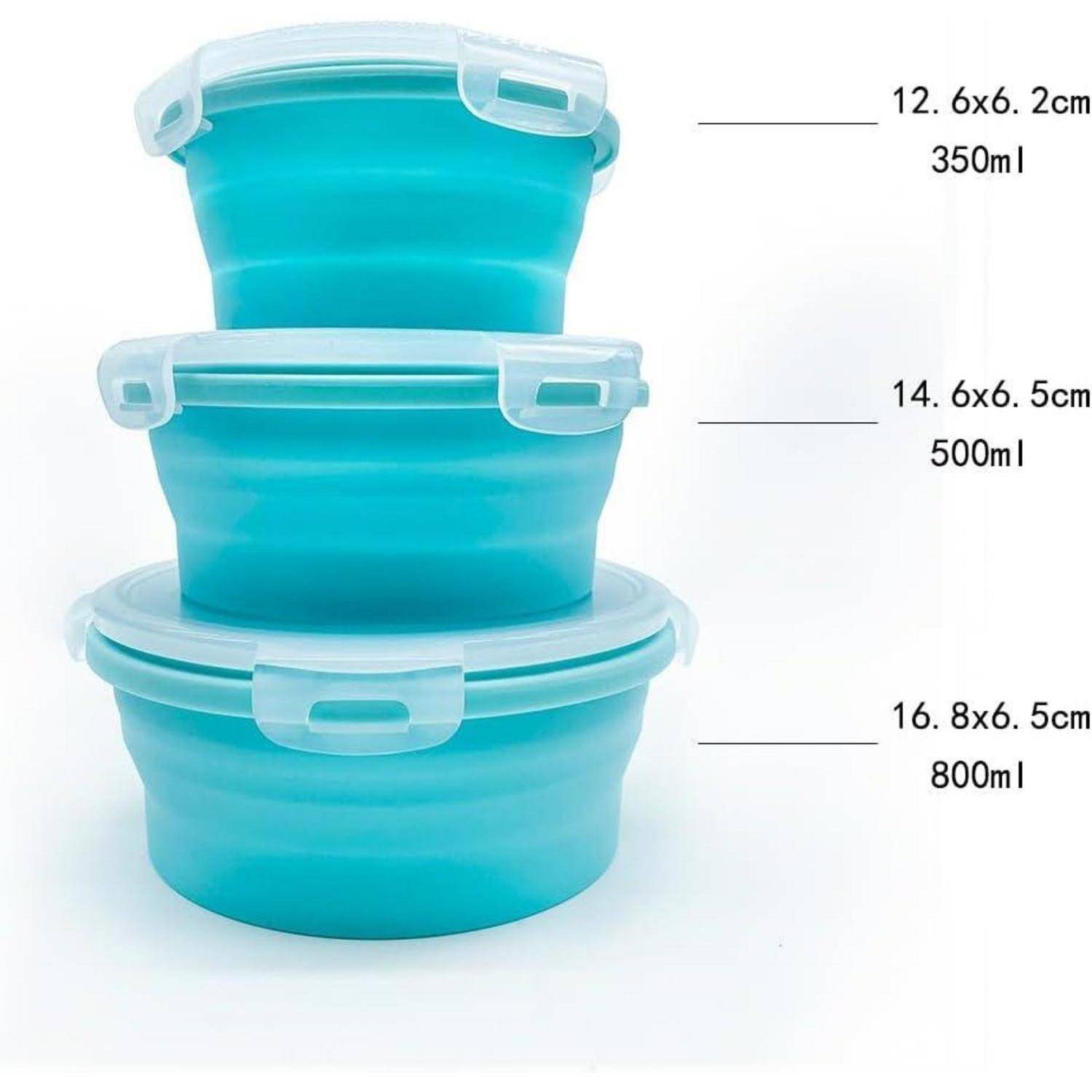 Drei blaue Silikonbehälter übereinander gestapelt, jeweils beschriftet mit Größe in Zentimetern und Volumen in Millilitern: 350 ml, 500 ml, 800 ml.