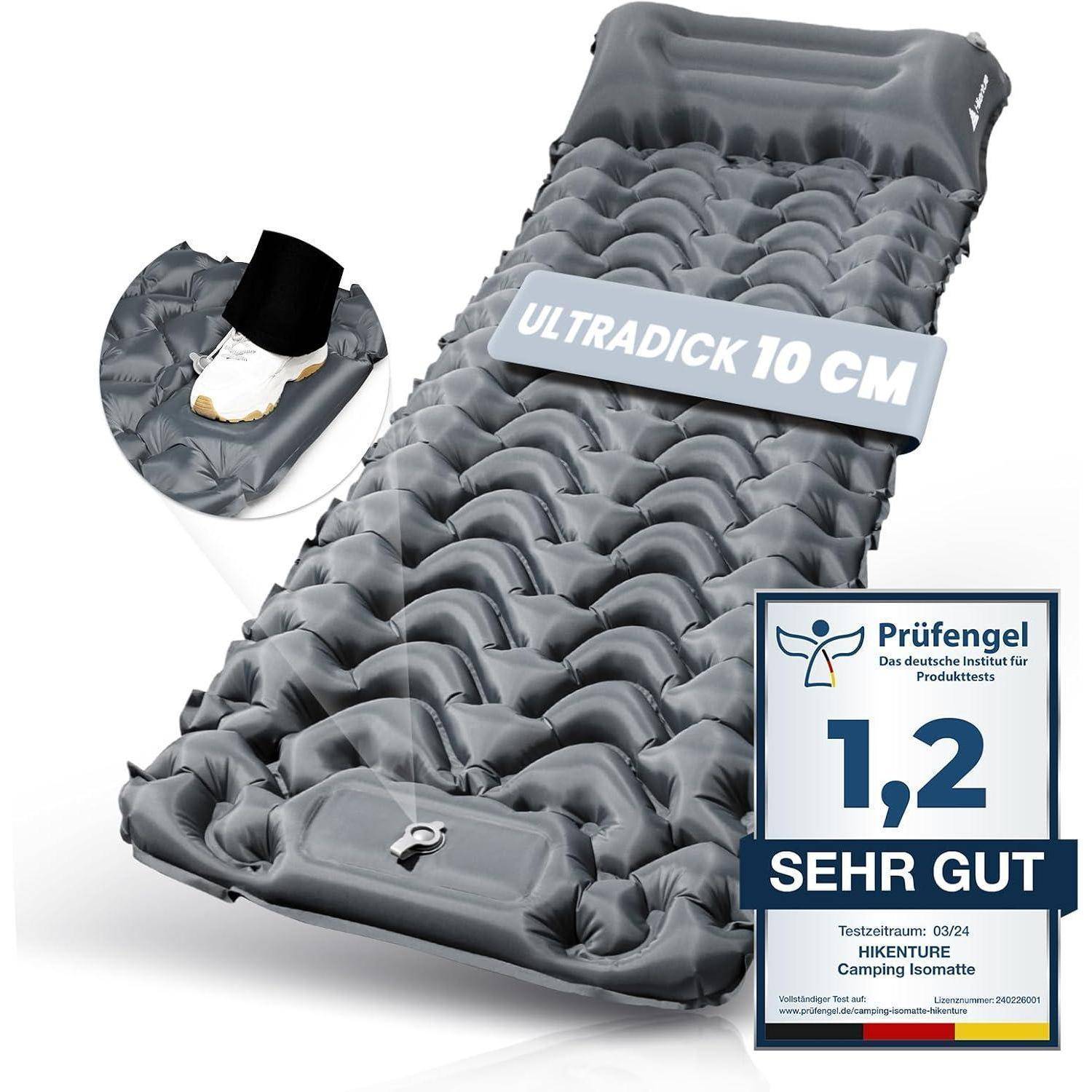 Eine Luftmatratze, die als 10 cm dick gekennzeichnet ist, mit einem Haltbarkeitstestbild, das einen High-Heel-Schuh darauf zeigt. Von Prüfengel mit 1,2 Sehr Gut bewertet.