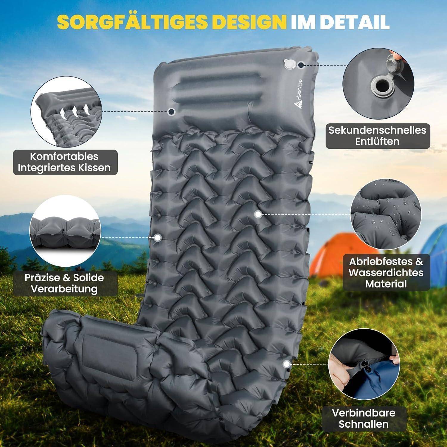 Aufblasbare Matratze mit integriertem Kissen, robustem wasserdichtem Material, schneller Entlüftung, präziser Gestaltung und sicheren Befestigungsriemen.