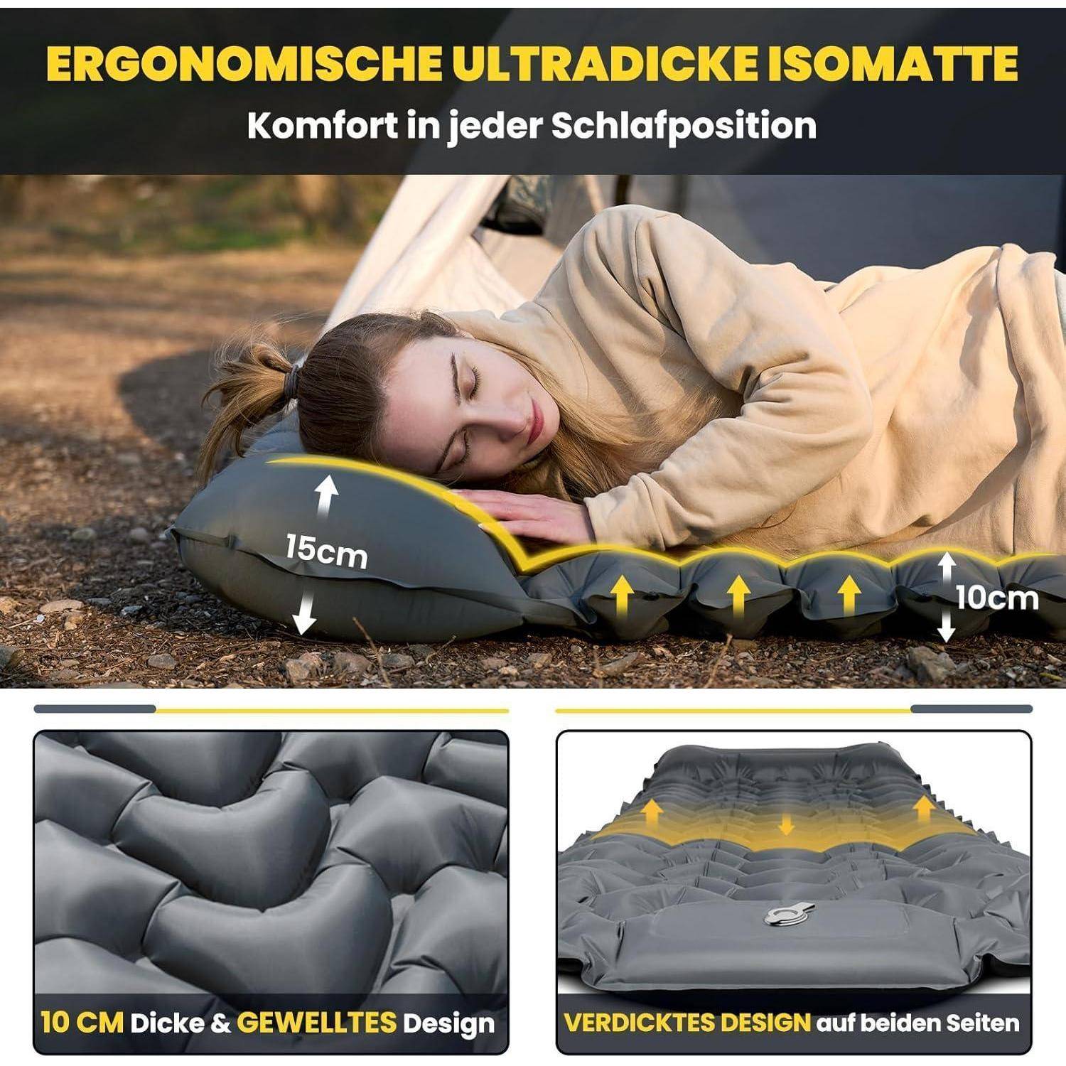 Eine Person, die draußen auf einer grauen aufblasbaren Schlafmatte schläft. Textmarkierungen zeigen Maße: '15 cm', '10 cm' und Designmerkmale wie 'Verdicktes Design'.