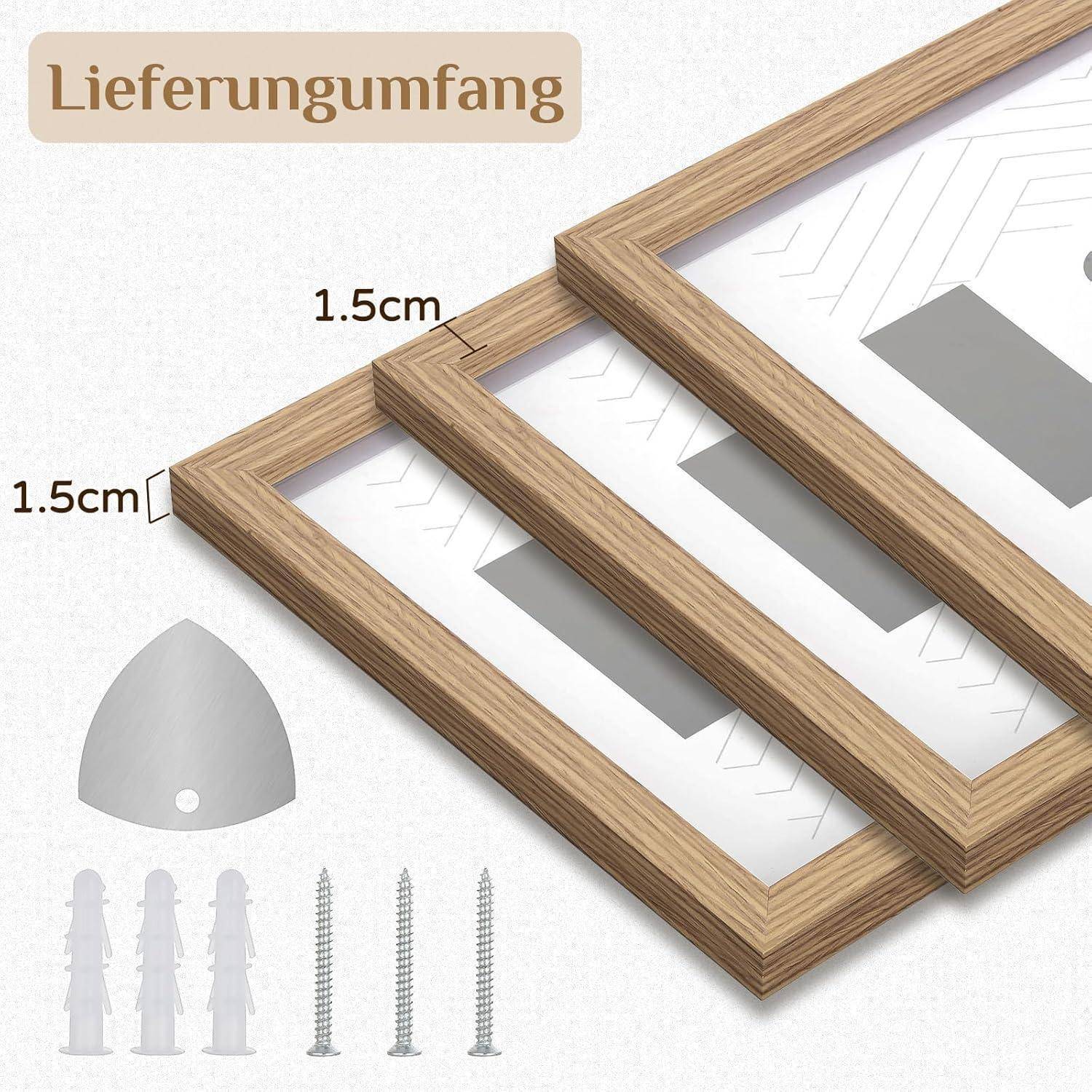Lieferumfang' zeigt drei Holz-Bilderrahmen, eine Eckschablone, drei Wanddübel und drei Schrauben.