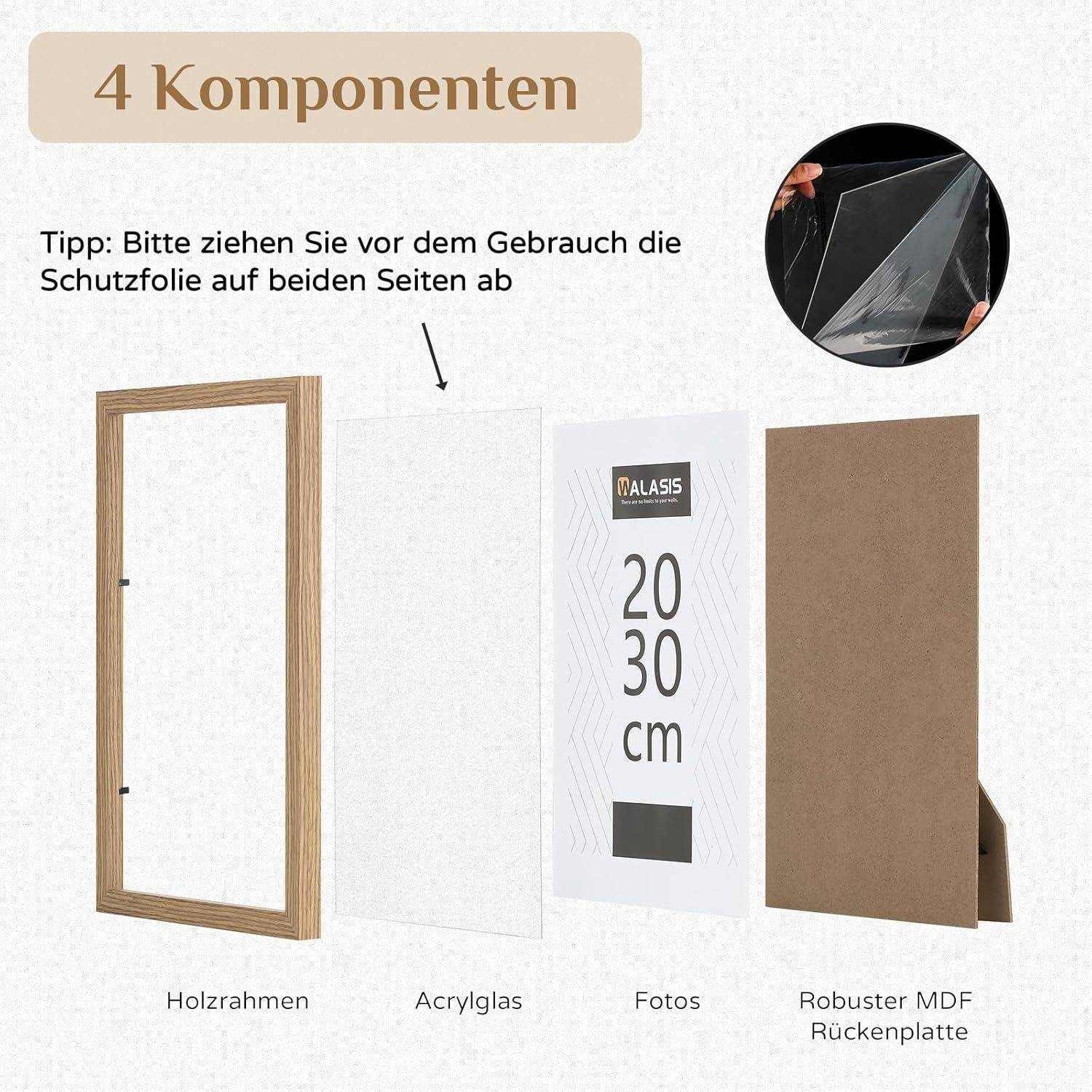 Das Bild zeigt vier Komponenten eines Bilderrahmens: einen Holzrahmen, klares Acrylglas, ein Foto und ein robustes MDF-Rückenpanel. Der Text rät, die Schutzfolie vor Gebrauch zu entfernen.