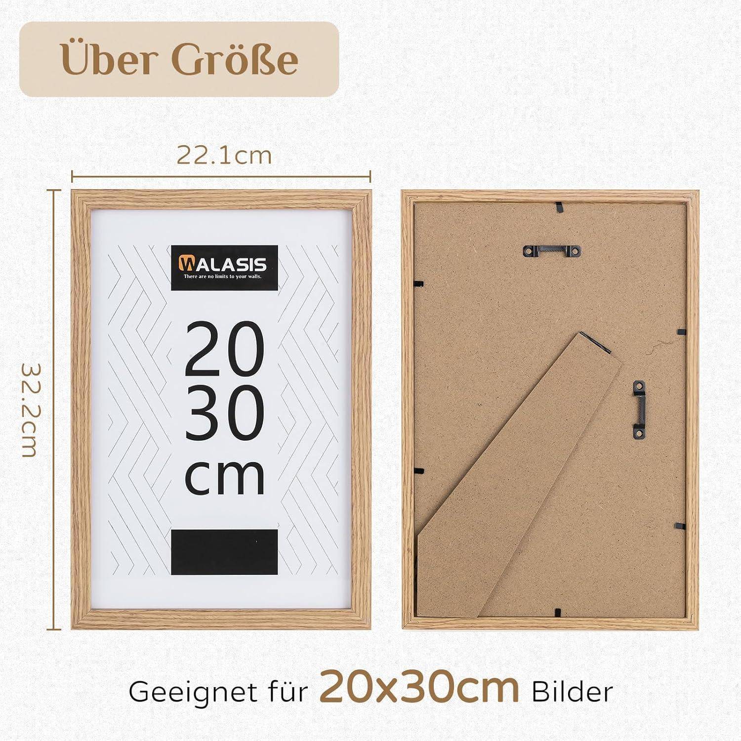 Bild zeigt die Vorder- und Rückseite eines Bilderrahmens. Abmessungen betragen 20x30 cm, mit externen Maßen von 22,1x32,2 cm. Geeignet für Fotos.