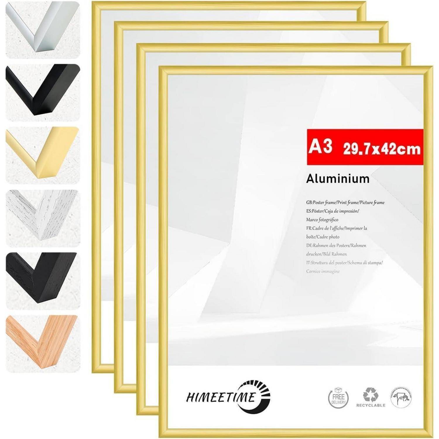 Ein Set aus vier Bilderrahmen im A3-Format aus Aluminium mit goldenen Rahmen. Farboptionen umfassen: Gold, Silber, Schwarz, Weiß und Holzdekor.