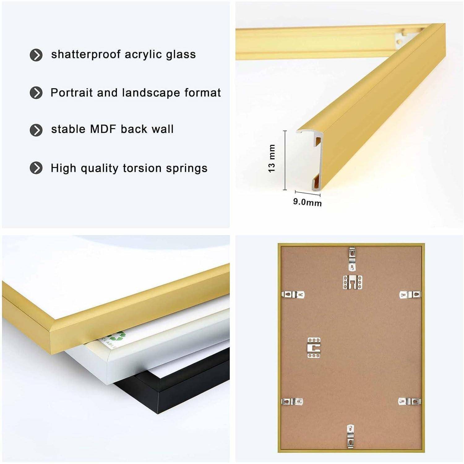 Bruchsicheres Acrylglas, Hoch- und Querformat, stabile MDF-Rückwand, hochwertige Torsionsfedern neben einem Goldrahmen.