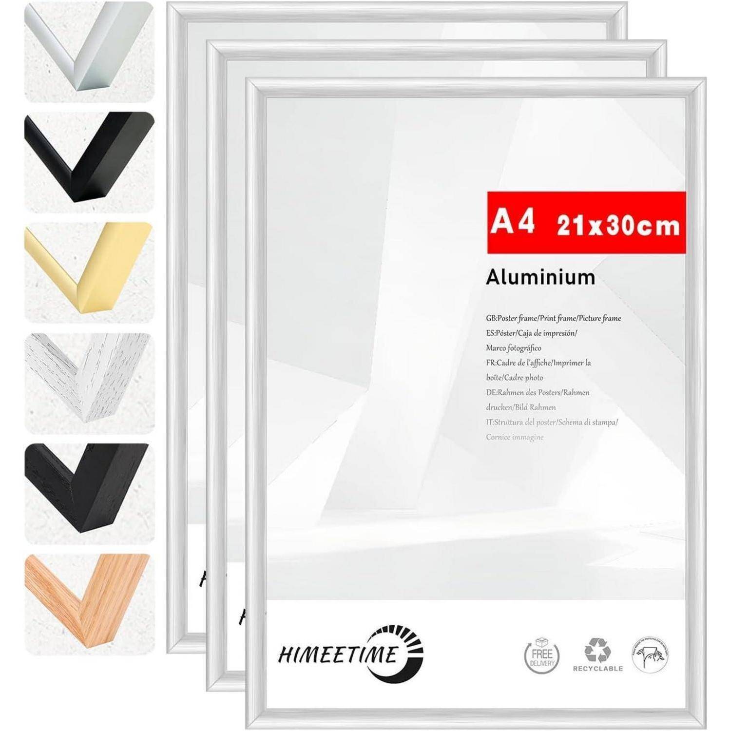 Set von drei Himeetime A4 Aluminium-Fotorahmen mit unterschiedlichen Eckenfarben, die links gezeigt werden: gold, schwarz, weiß, grau und Holzmaserung.