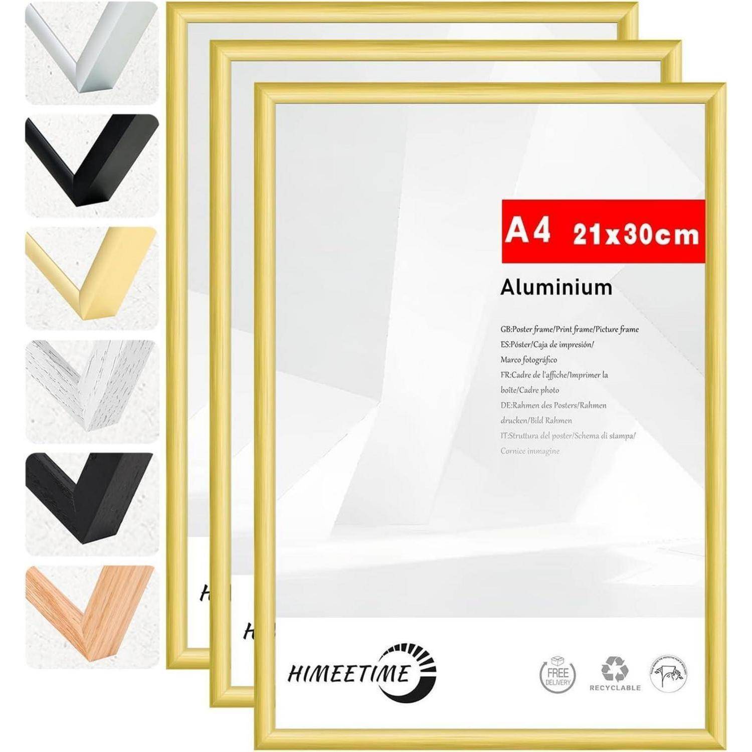 Posterrahmen-Set mit einem goldenen A4-Rahmen (21x30 cm), erhältlich in fünf Farbvarianten: schwarz, gold, Marmor, Holz und weiß.
