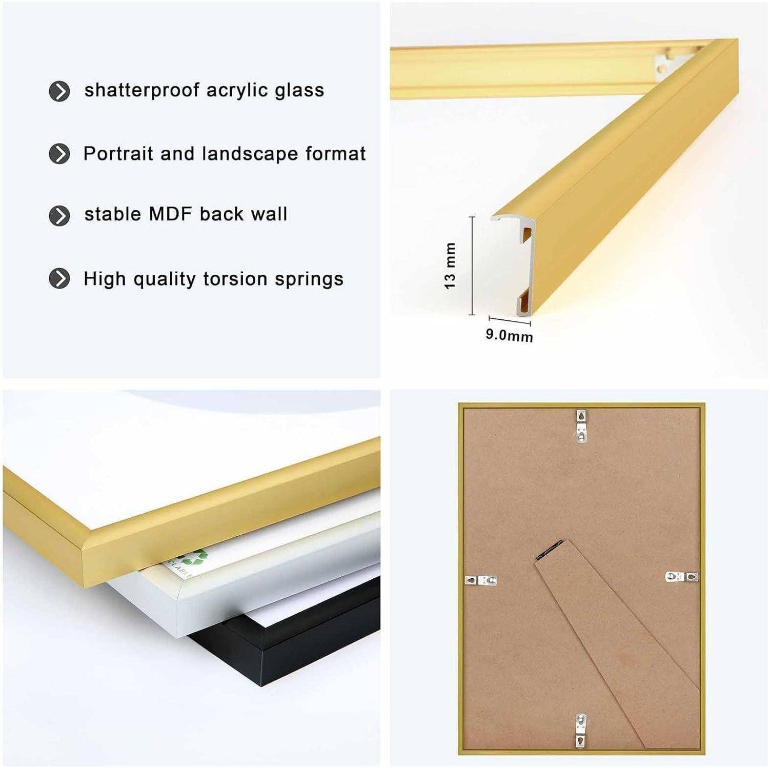 Merkmale des Bilderrahmens: 'Splitterfreies Acrylglas', 'Hoch- und Querformat', 'Stabile MDF-Rückwand', mit Bild einer Goldrahmenecke und Rückseite.