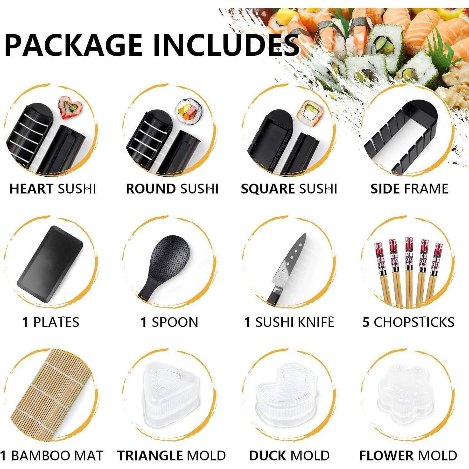 Lieferumfang: Herz-, Rund-, Quadratische Sushi-Formen; Seitenrahmen; 1 Teller; 1 Löffel; 1 Sushi-Messer; 5 Essstäbchen; Bambusmatte; Dreieck-, Enten-, Blumen-Formen.