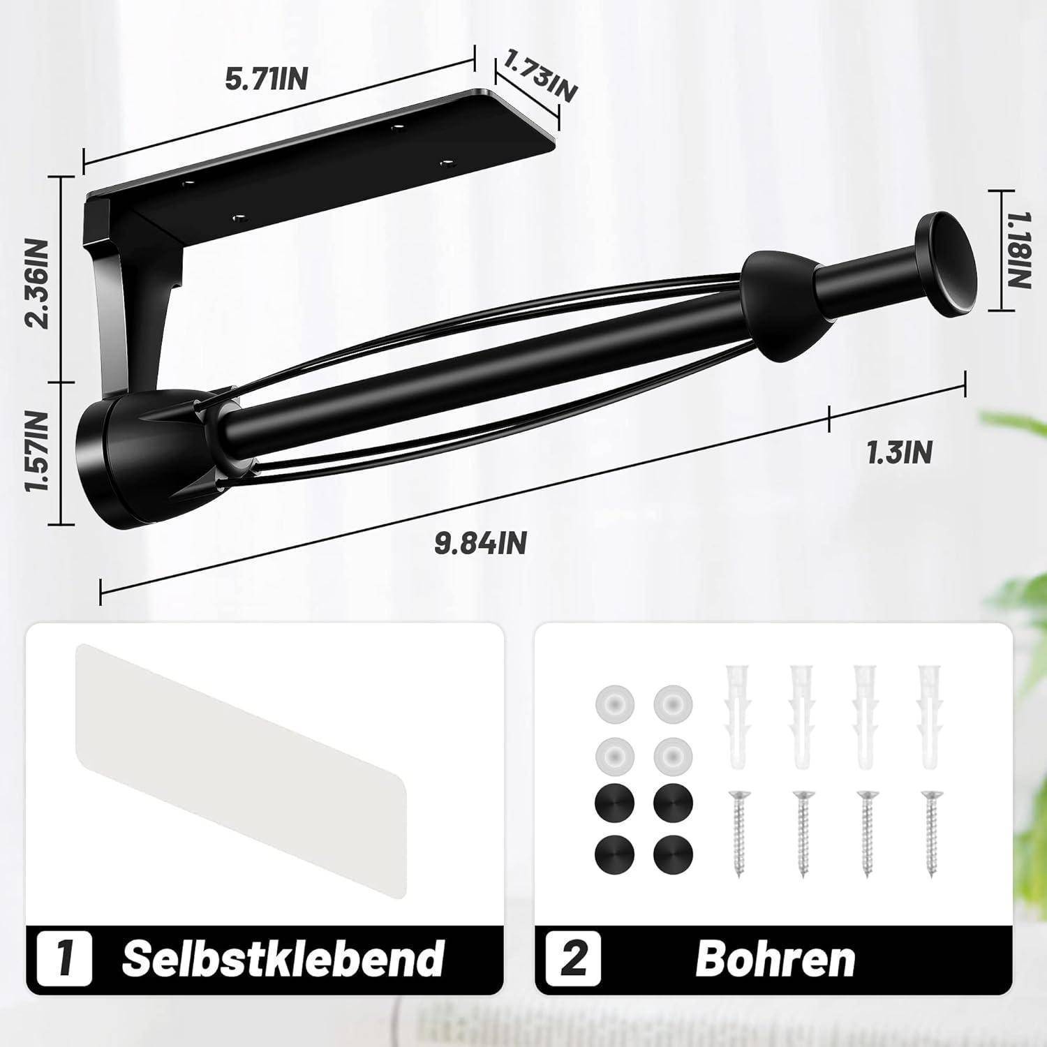 Wandhalterung für Gardinenstangen mit Maßen: 9,84 Zoll Länge, 5,71 Zoll obere Breite, 1,78 Zoll Fronthöhe. Inklusive Klebstoff und Schraubenbefestigungen.