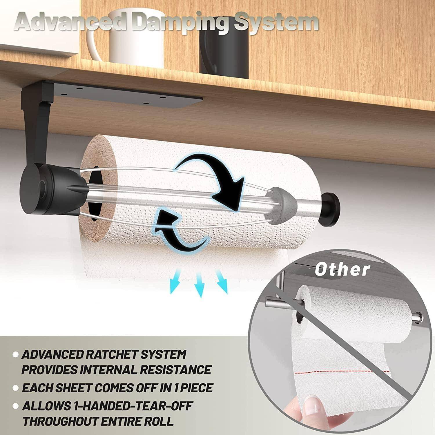 Papierrollenhalter mit 'Advanced Damping System' mit Pfeilen, die das einhändige und leichte Abreißen von der Rolle zeigen. Bietet eine interne Dämpfung für eine glatte Nutzung.
