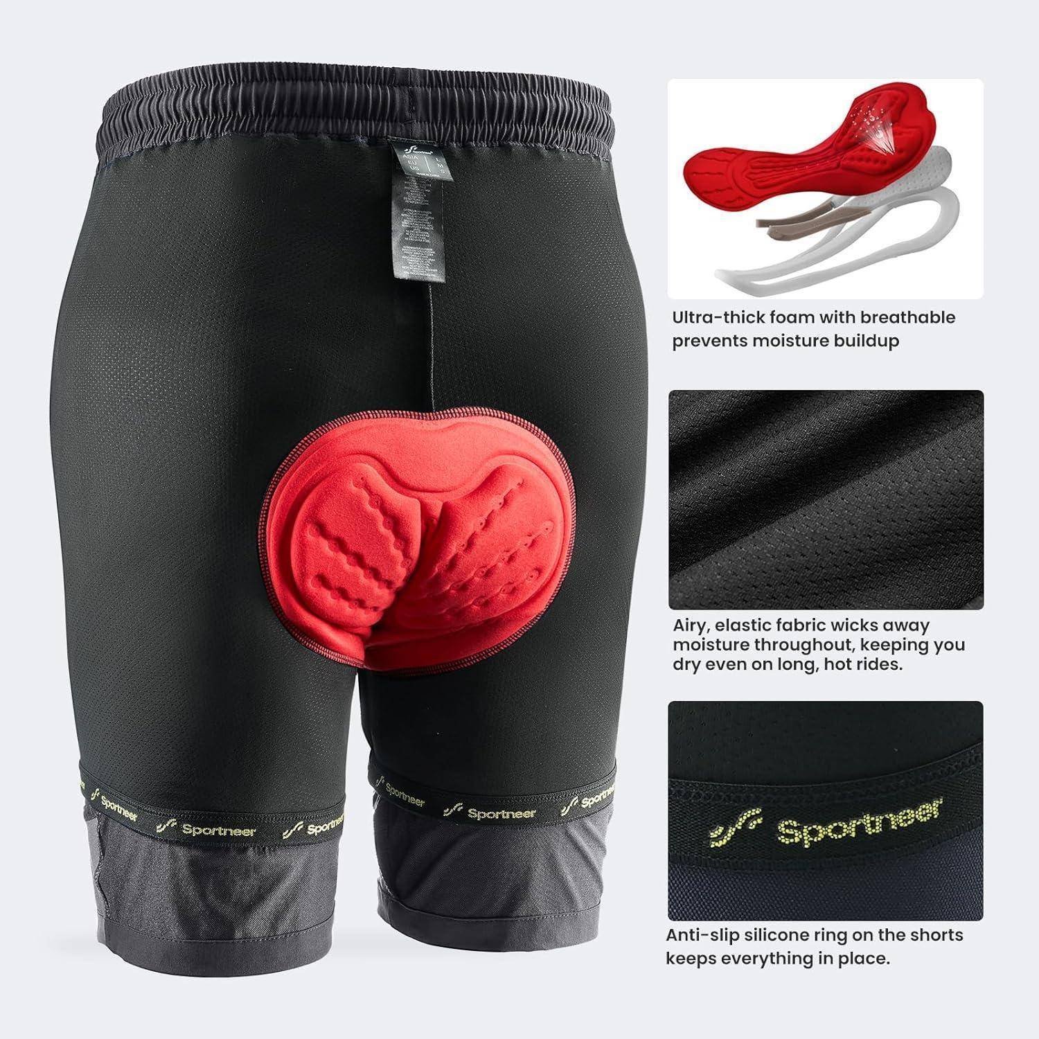 Radhose mit rotem gepolstertem Sitzeinatz, ausgestattet mit extrem dickem Schaum für Komfort, feuchtigkeitsableitender Stoffqualität und rutschfestem Silikonring.