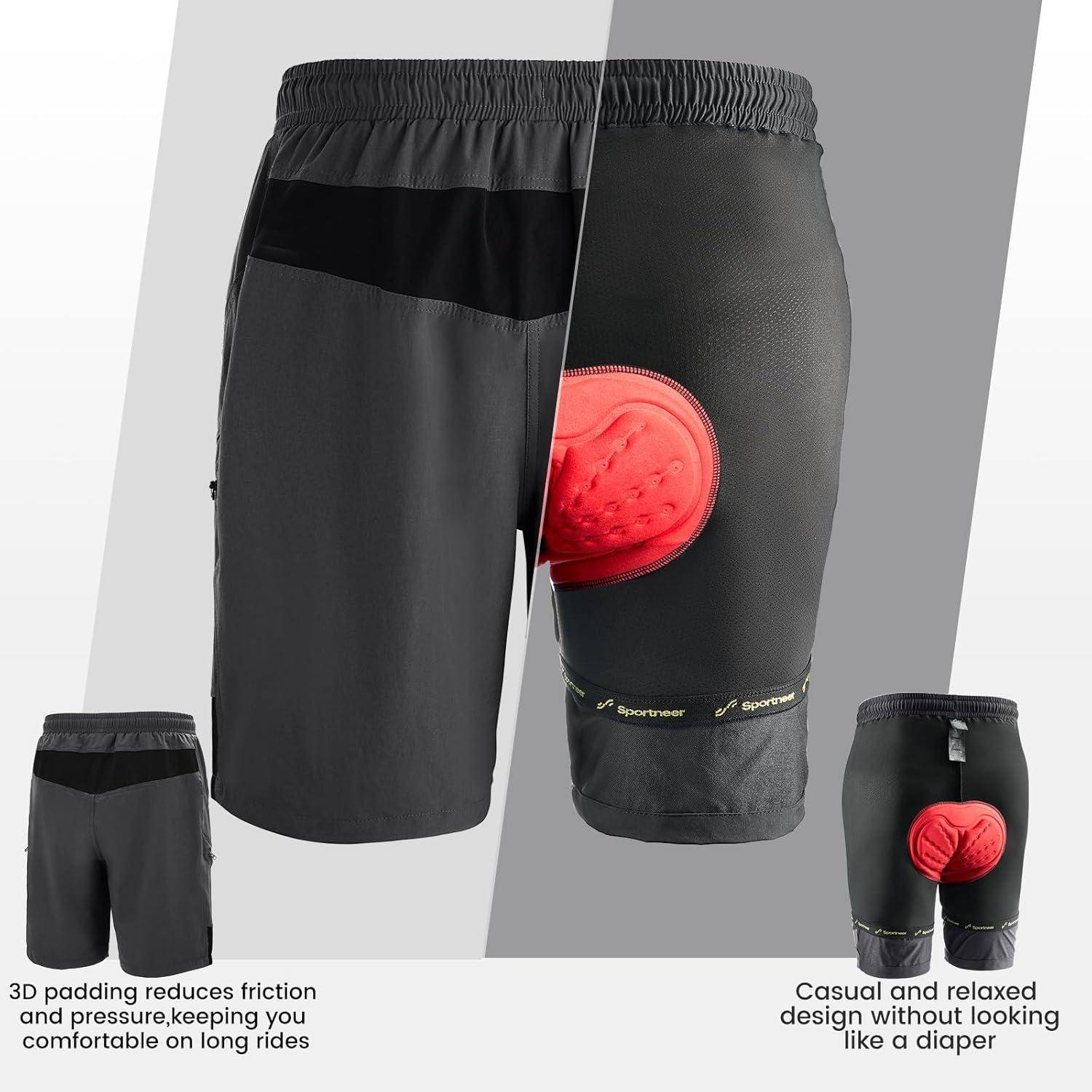 Radhose mit '3D-Polsterung reduziert Reibung und Druck' auf der linken Seite, und gepolsterte Stelle auf der rechten Seite hervorgehoben. Text: 'Lässiges und entspanntes Design, ohne wie eine Windel auszusehen.