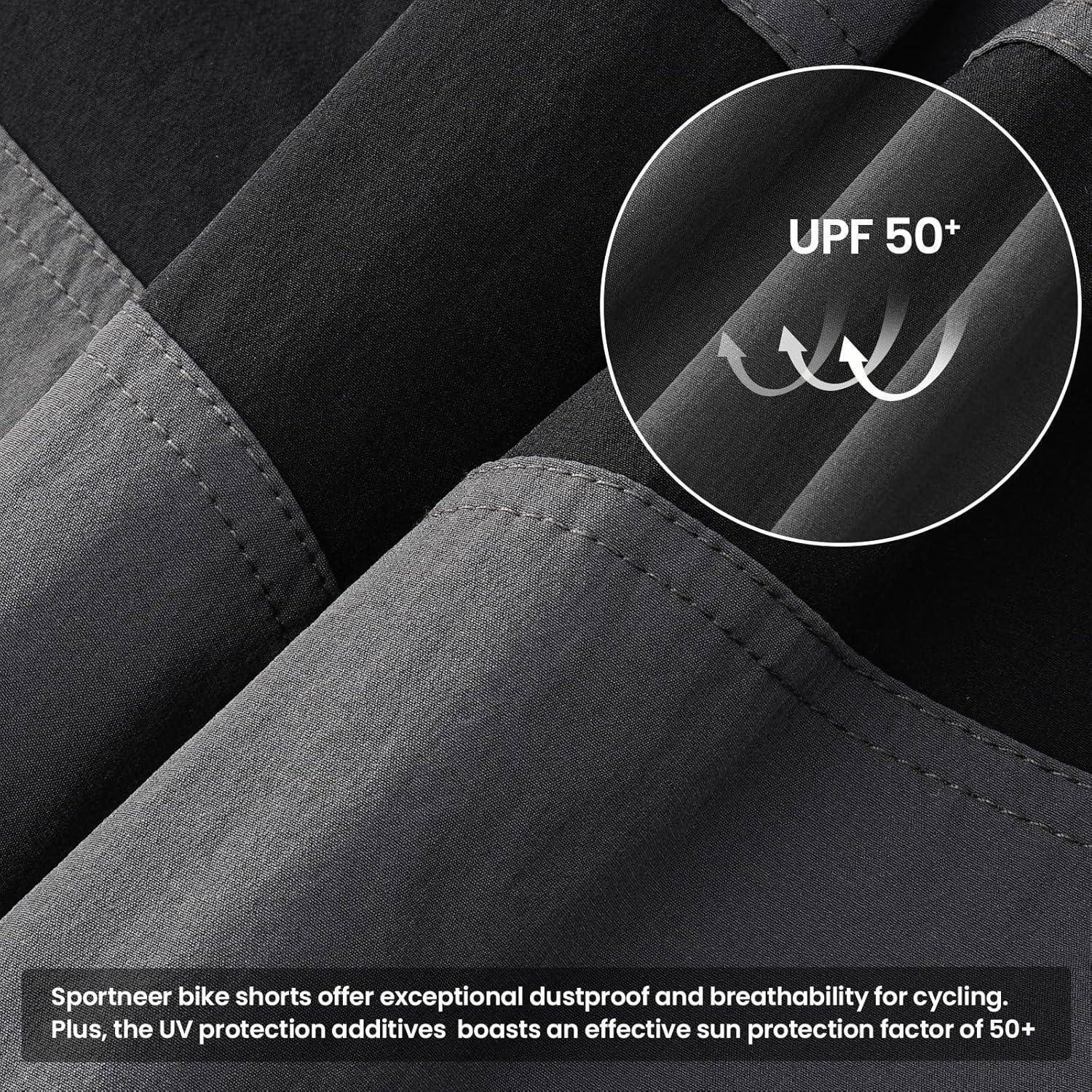 Nahaufnahme von schwarzem und grauem Fahrradhosen-Stoff mit UPF-50+-Schutzlabel. Text hebt staubabweisende, atmungsaktive Eigenschaften der Radbekleidung hervor.