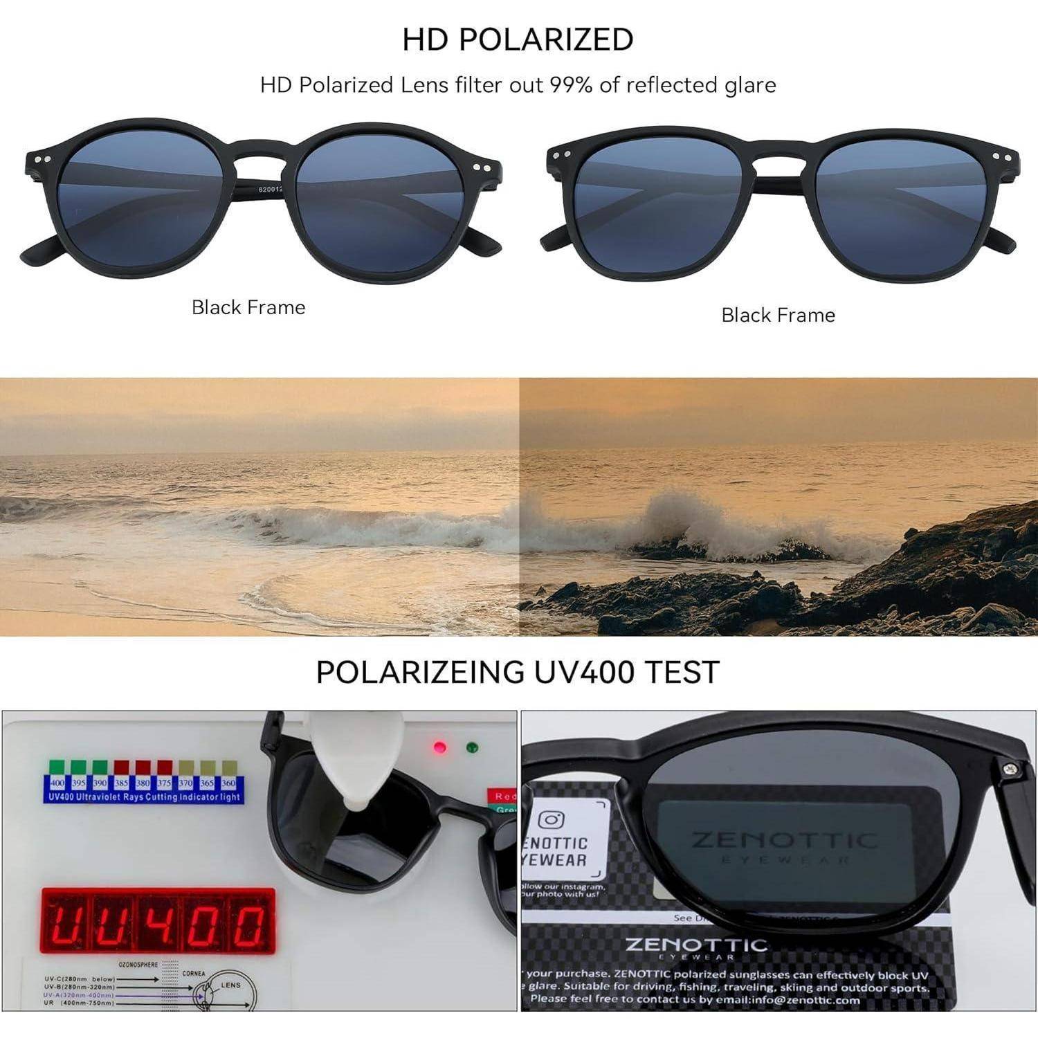 Sonnenbrille mit schwarzem Rahmen und polarisierten Gläsern vor einem Strand-Hintergrund. Ein UV400-Test zeigt reduziertes Blenden.