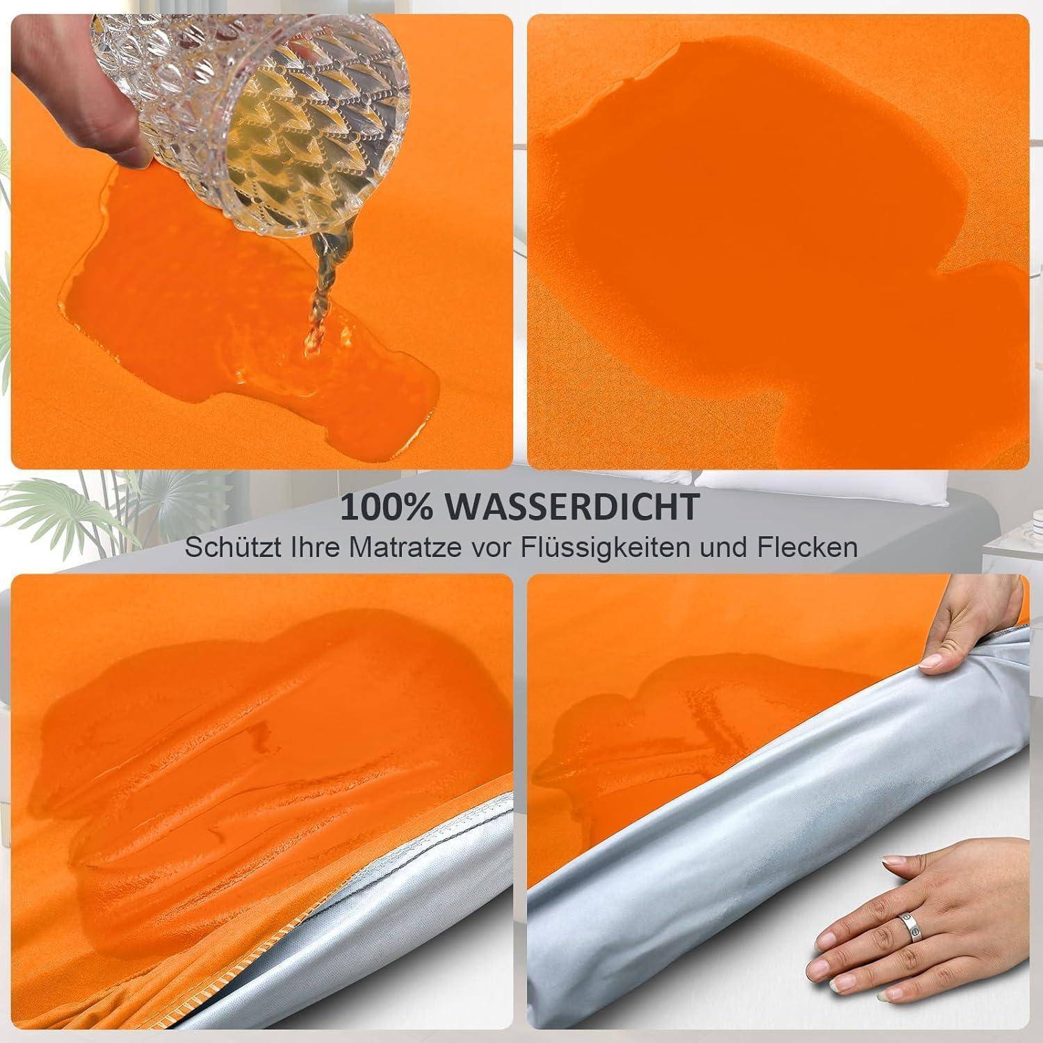 100% wasserdicht' Matratzenschutz verhindert Flüssigkeiten und Flecken. Vier Bilder zeigen, wie Flüssigkeit von dem Stoff abperlt, und eine Hand, die ihn anhebt.