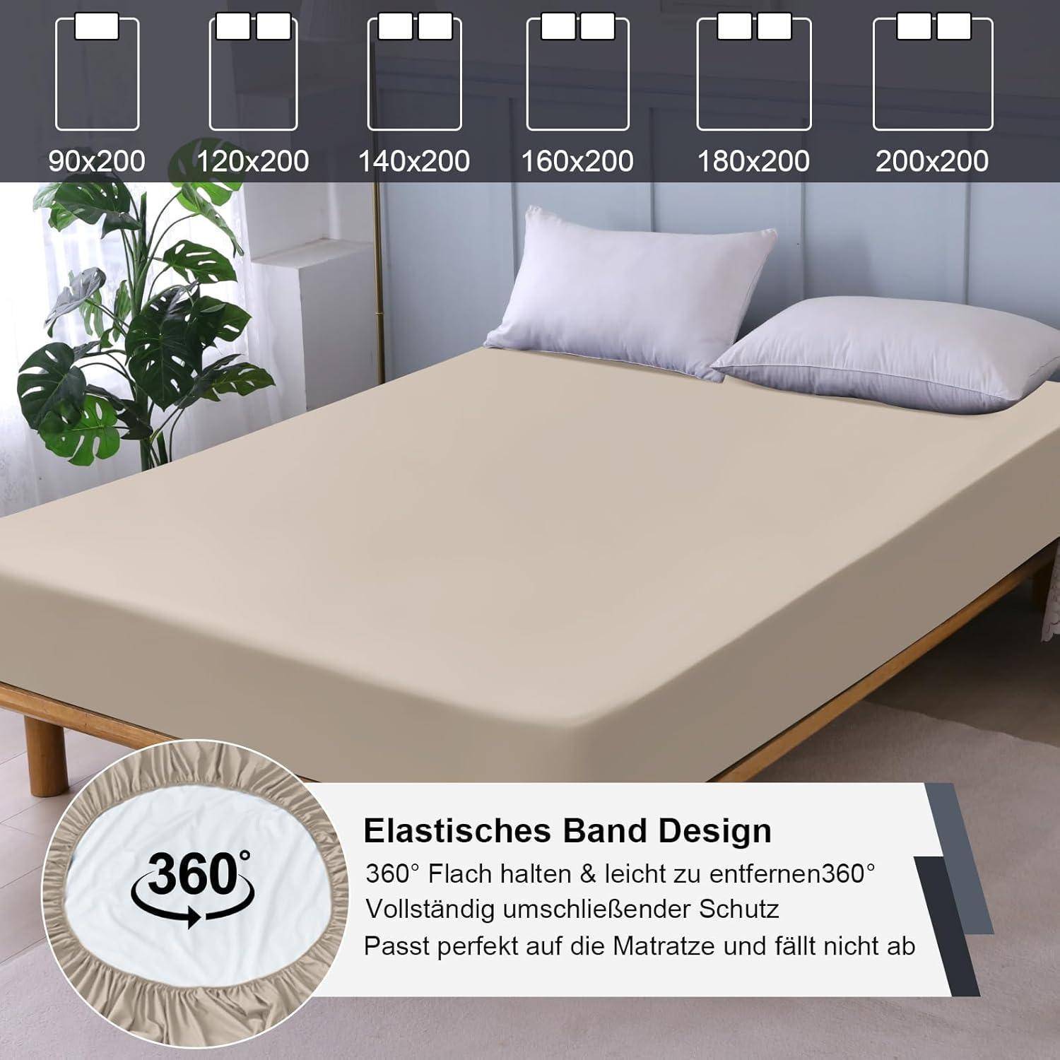 Ein Bett mit einem Spannbetttuch, das elastische Ecken aufweist, in verschiedenen Größen von 90x200 bis 200x200 erhältlich, mit einer Detailaufnahme des Gummibanddesigns.