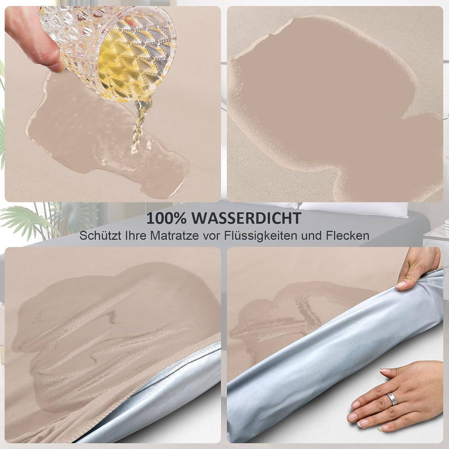 100% wasserdicht: Schützt Ihre Matratze vor Flüssigkeiten und Flecken.' Das Bild zeigt, wie Flüssigkeit verschüttet wird und eine Schutzabdeckung.