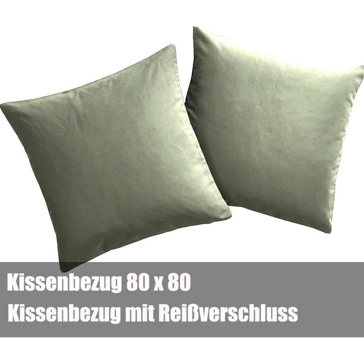 Kissenbezug 80 x 80. Kissenbezug mit Reißverschluss.' Zwei graue Kissenbezüge mit Reißverschluss sind auf weißem Hintergrund abgebildet.