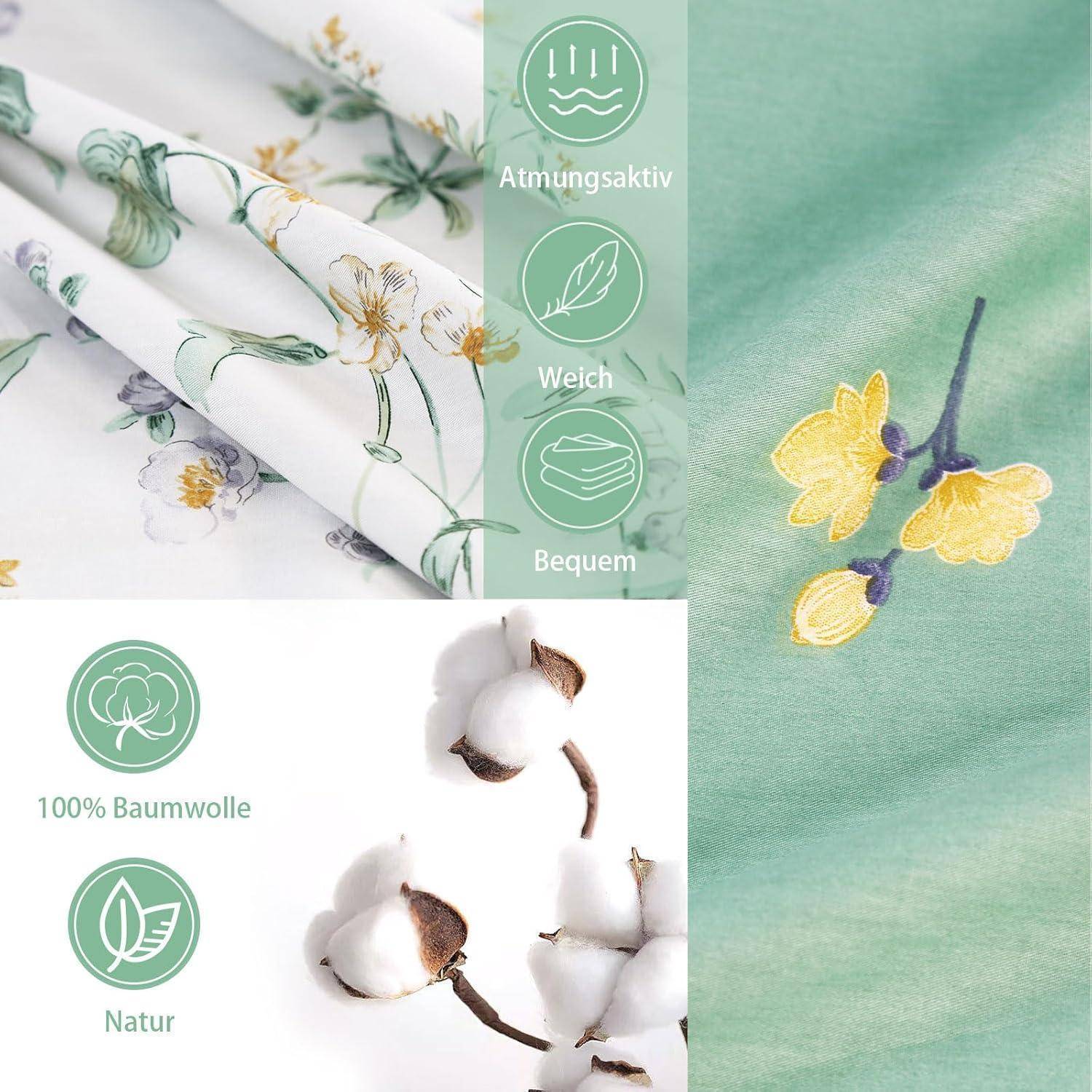 Grüner und mit Blumenmuster bedruckter Stoff mit Symbolen, die Atmungsaktivität, Weichheit und Komfort anzeigen. Beinhaltet ein Baumwollpflanzen-Bild und den Text 