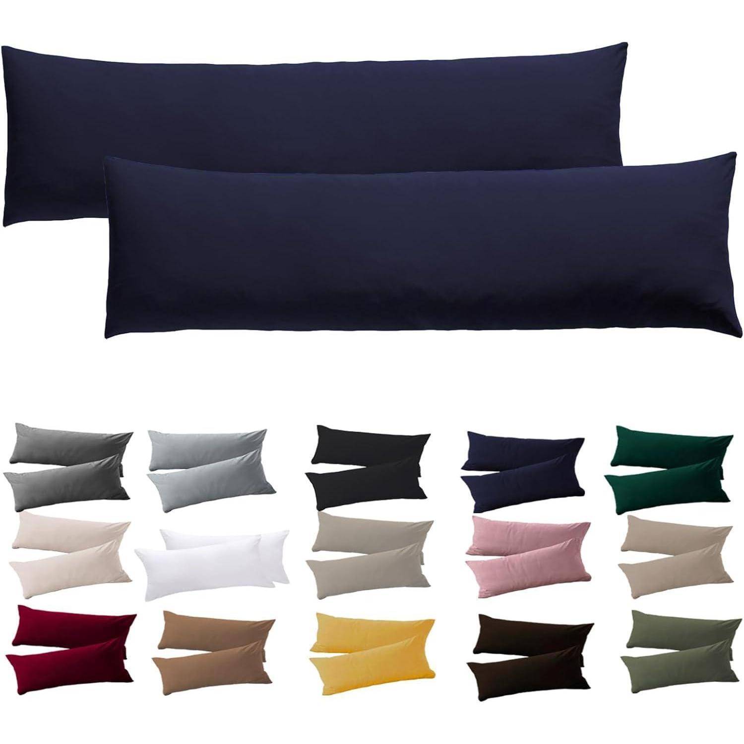 Zwei Navy-Körperkissen mit mehreren Farboptionen, darunter Weiß, Grau, Beige, Rosa, Blau, Rot, Grün und Braun.