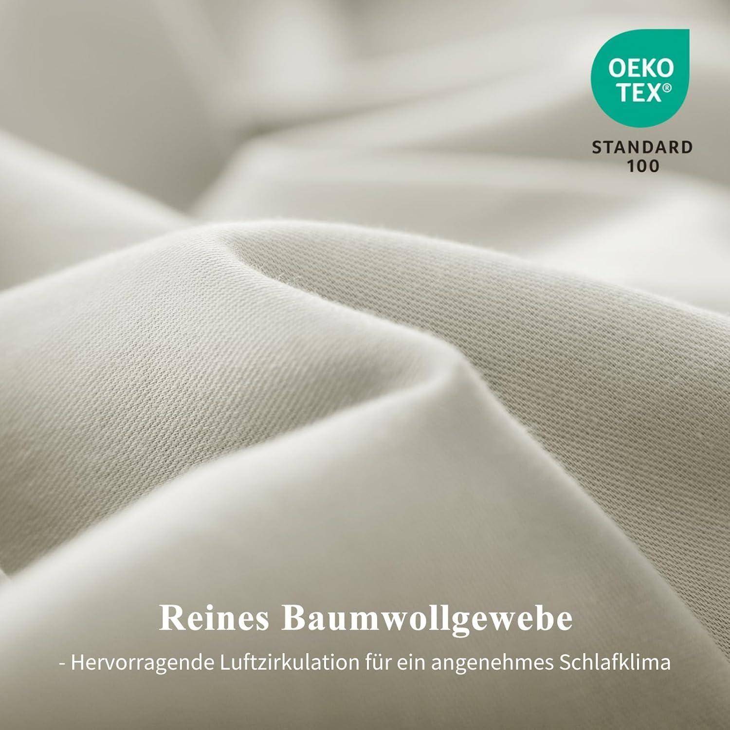 Eine Nahaufnahme von weißem Baumwollstoff mit dem Text 'Reines Baumwollgewebe - Hervorragende Luftzirkulation für ein angenehmes Schlaferlebnis