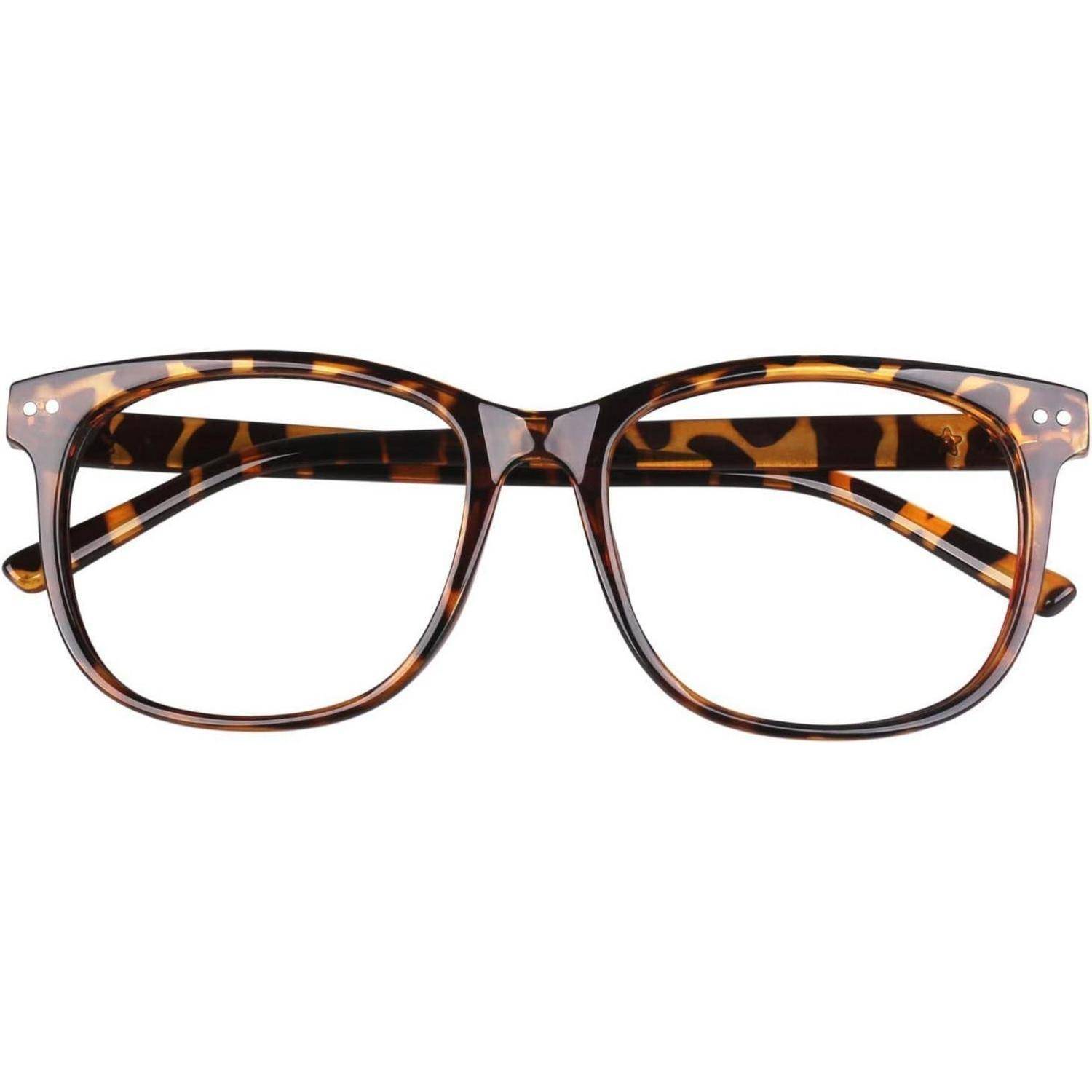 Schildpatt-Quadratische Brille mit transparenten Gläsern auf weißem Hintergrund.