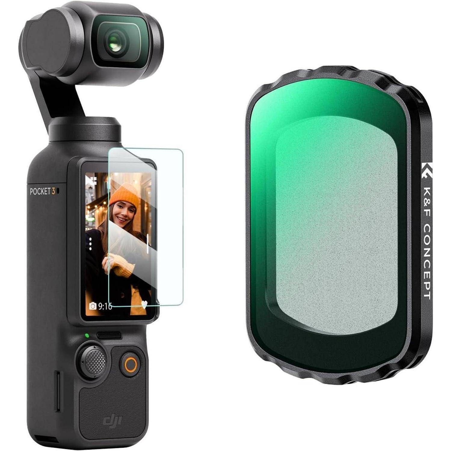Tragbare 3-Achsen-Kamera 'Pocket 3' mit Gimbal neben dem 'K&F Concept' optischen Filter, entwickelt für stabile, hochwertige Videoaufnahmen.