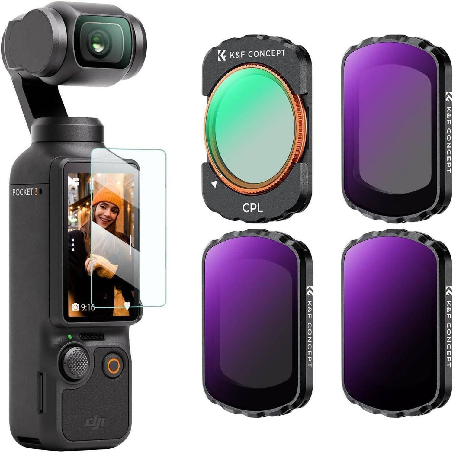 Eine kompakte Kamera mit einem Bildschirm, der ein Selfie zeigt, kombiniert mit vier Objektivfiltern seitlich, entwickelt für mehr Fotografie-Vielseitigkeit.