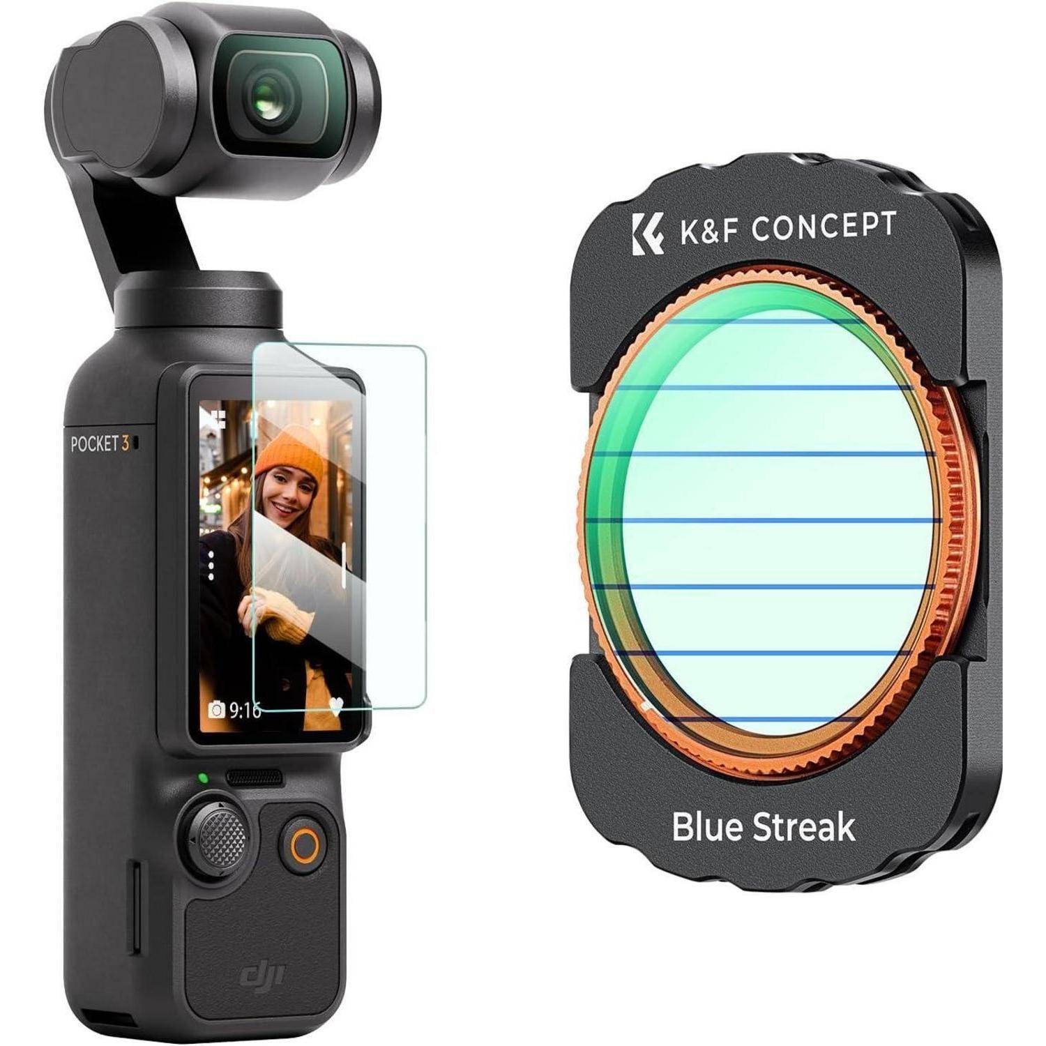 Eine kompakte Kamera mit einem angeschlossenen Bildschirm, auf dem eine lächelnde Person zu sehen ist. Daneben wird ein K&F Concept Blue Streak Kamerafilter präsentiert.