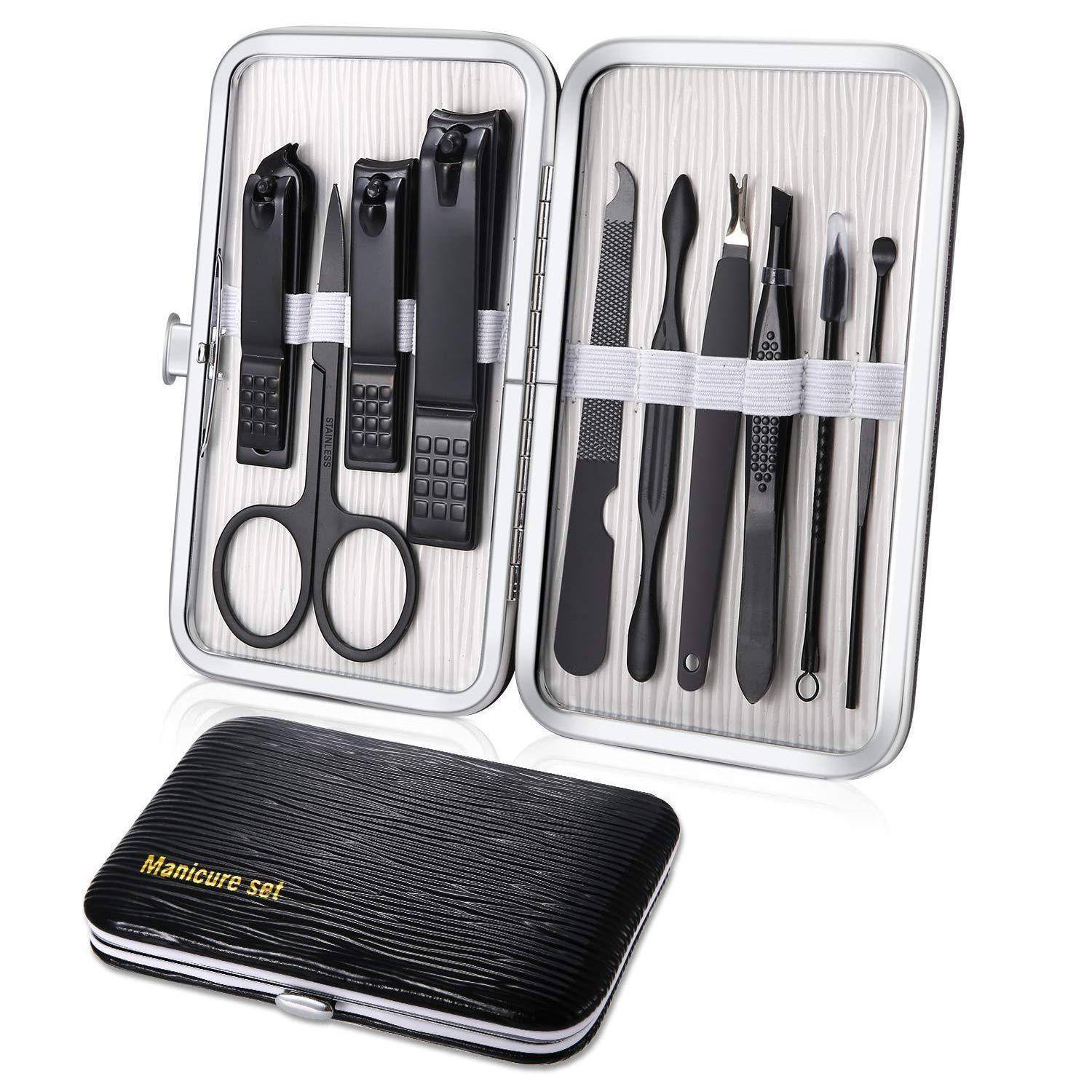 Maniküre-Set in einer schwarzen Reißverschlusstasche enthält Nagelknipser, Schere, Nagelfeile, Pinzette, Nagelhautschieber und Reinigungswerkzeuge.