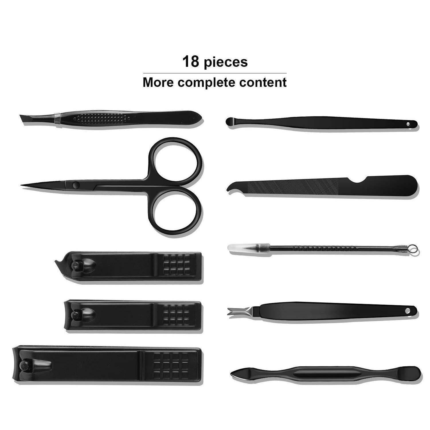 18-teiliges' Pflege-Set mit Schere, Pinzette, Nagelknipser und mehr. Set in Schwarz gezeigt, verschiedene Werkzeuge zur persönlichen Pflege präsentierend.