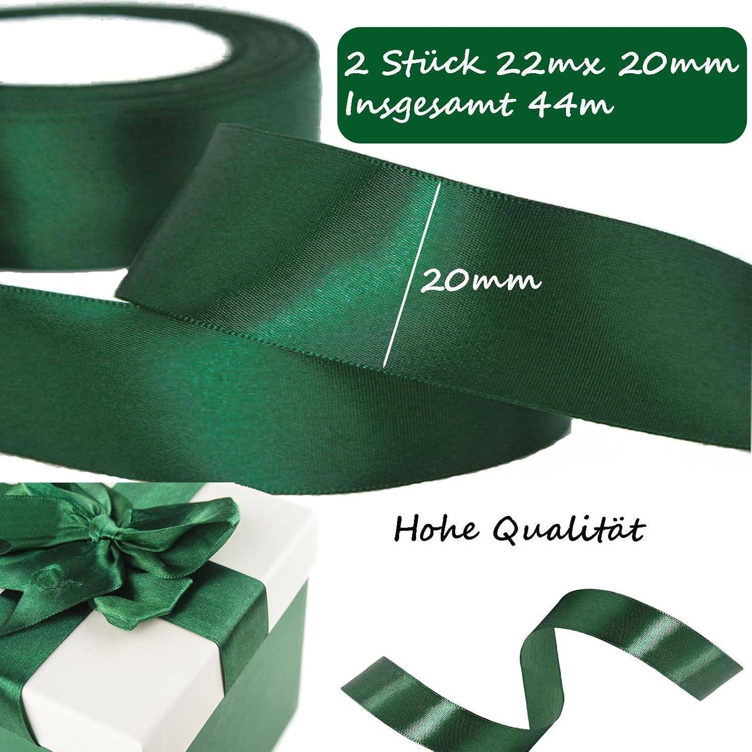 Grünes Band mit einer Breite von 20 mm und einer Gesamtlänge von 44 m, das eine weiße Geschenkbox mit einer Schleife umwickelt. Der Text lautet 