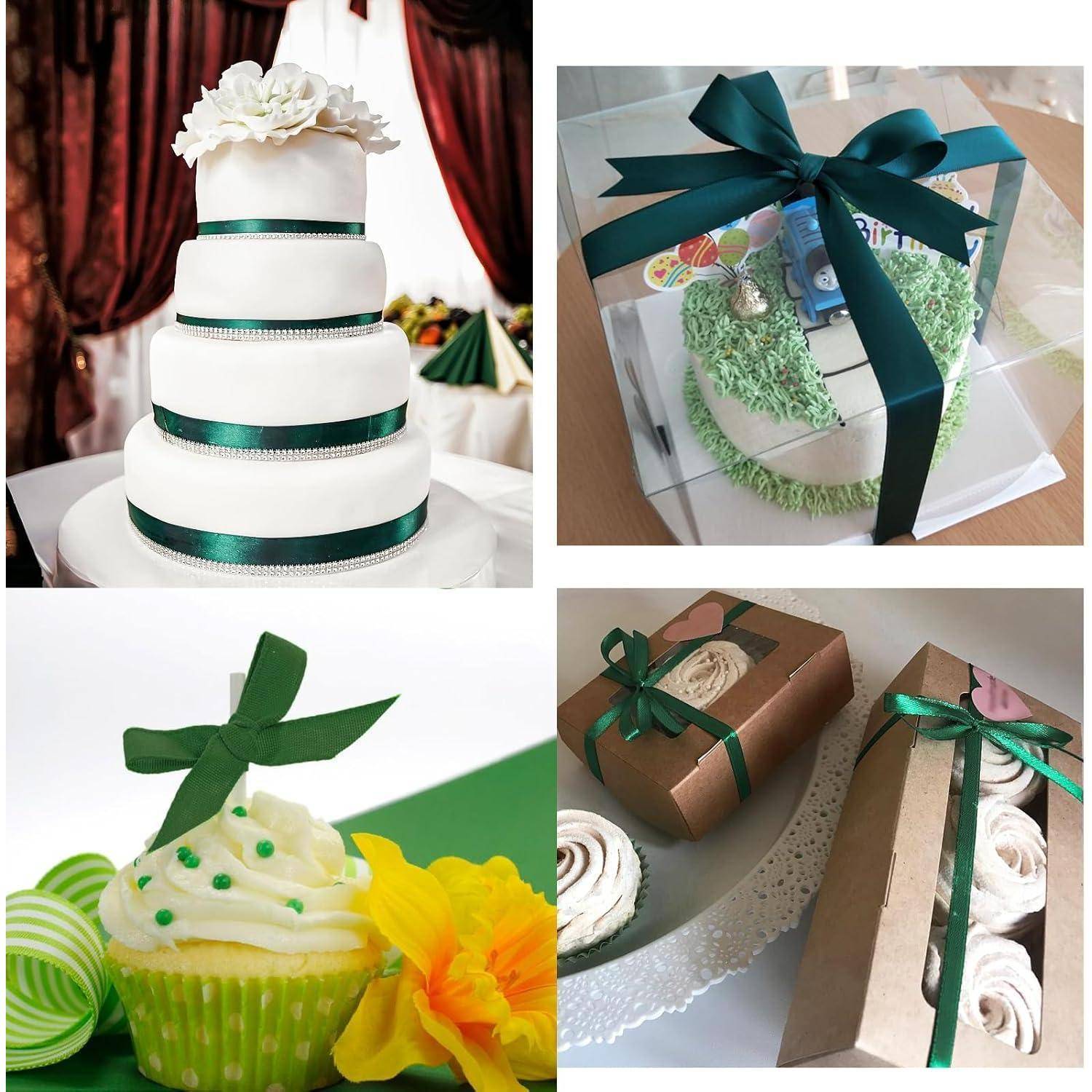 Collage von dekorierten Kuchen und Cupcakes, einschließlich einer weißen mehrstöckigen Torte mit grünem Band, einer Torte in einer Box, einem Cupcake mit einer Blume und verpackten Gebäckstücken.